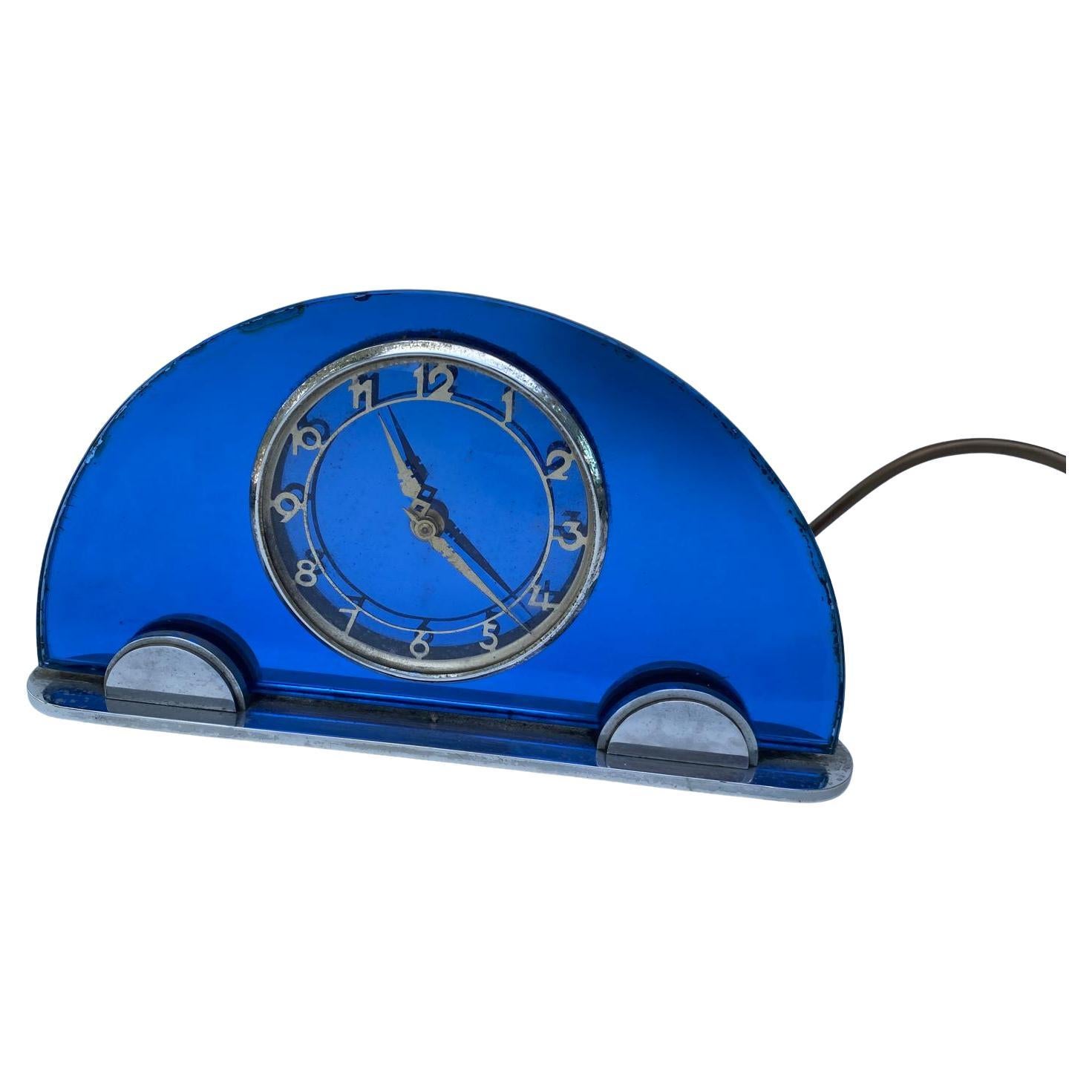 English Art Deco Blue Mirror & Chrome Mantle Clock, By Smiths , c1930 For Sale