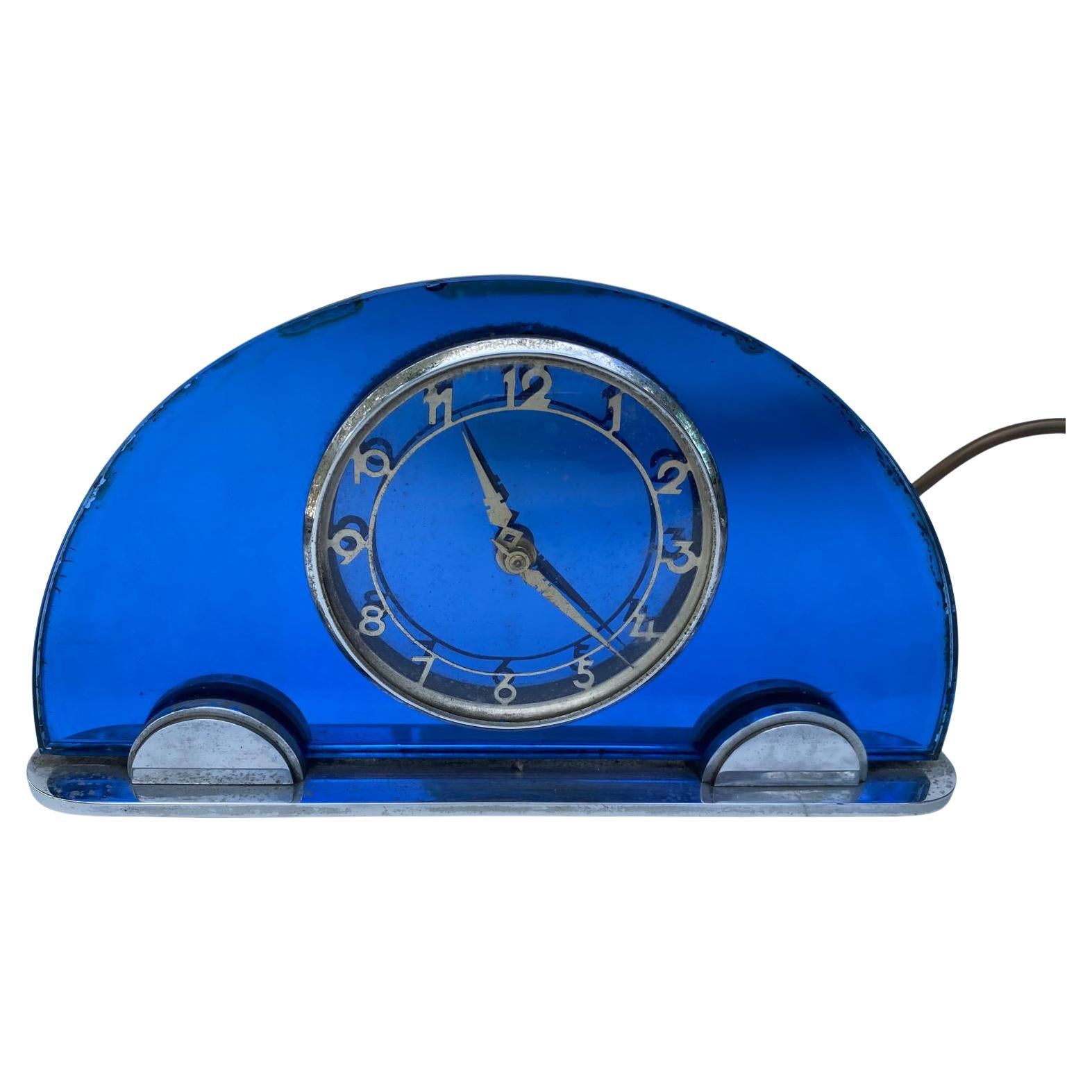 Art Deco Blue Mirror & Chrome Mantle Clock, By Smiths , c1930 In Good Condition For Sale In Devon, England