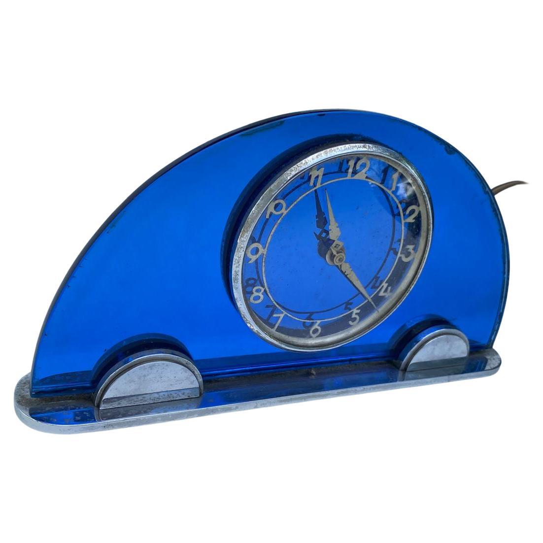 Glass Art Deco Blue Mirror & Chrome Mantle Clock, By Smiths , c1930 For Sale