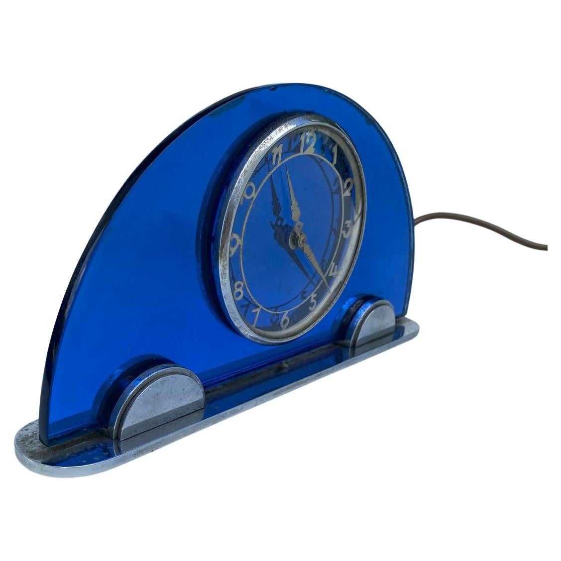 Art Deco Blue Mirror & Chrome Mantle Clock, By Smiths , c1930 For Sale 1