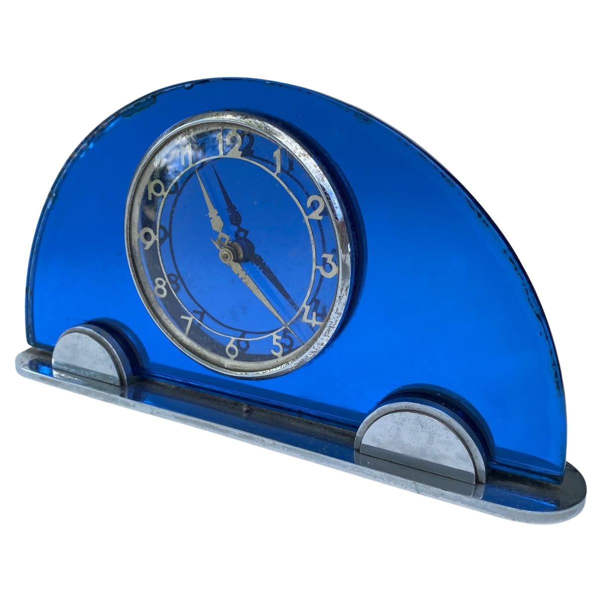 Art Deco Blue Mirror & Chrome Mantle Clock, By Smiths , c1930 For Sale 3