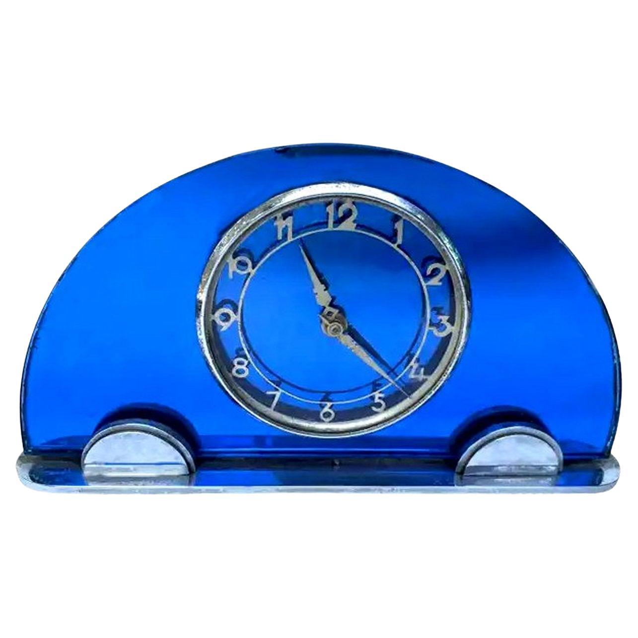 Reloj de chimenea Art Deco con espejo azul y cromo, de Smiths , c1930