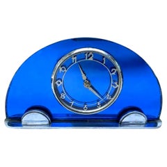 Art Deco Blue Mirror & Chrome Mantle Clock, By Smiths , c1930