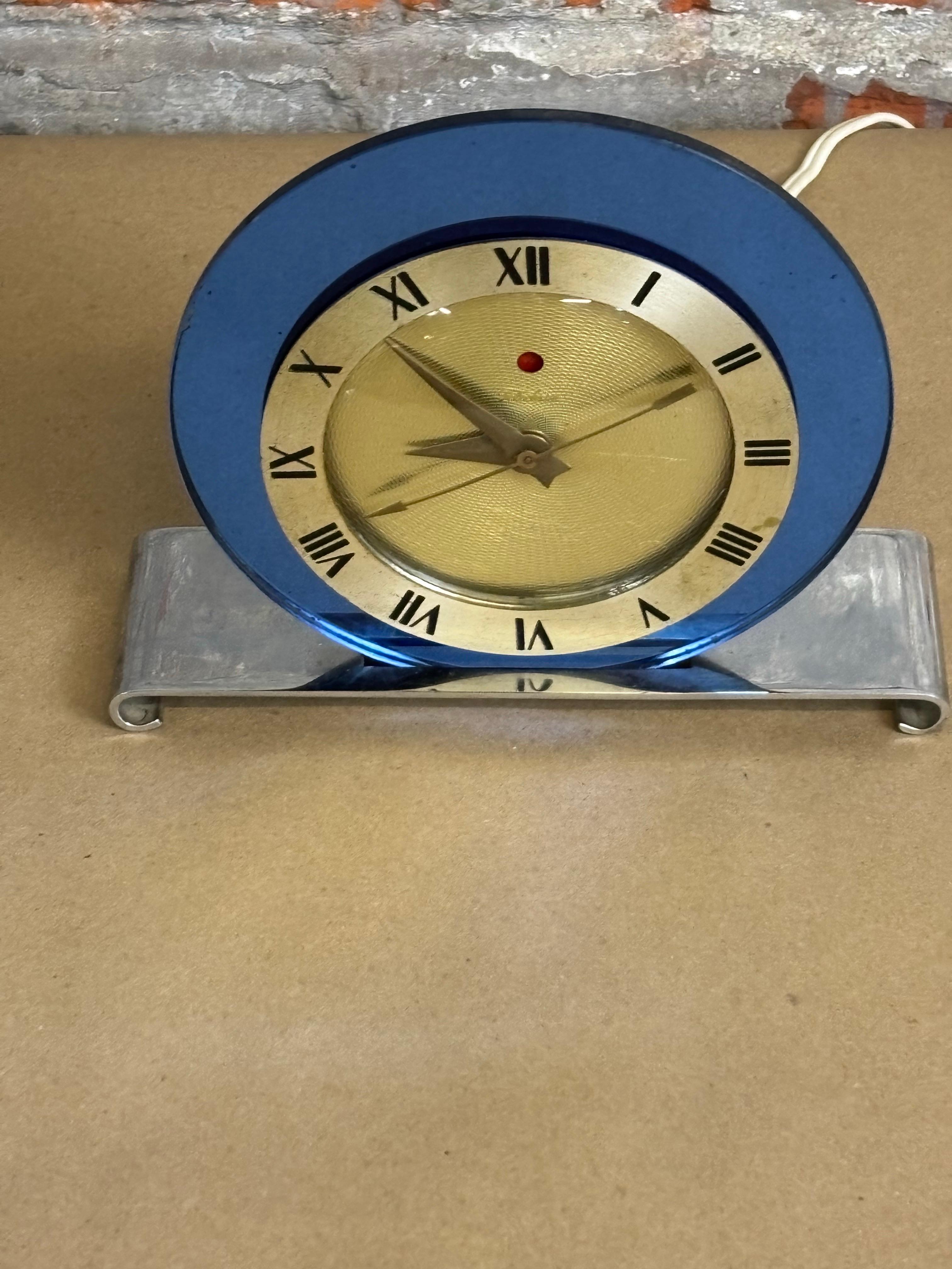 Mid-20th Century Art Deco Blue Mirror Telechron Clock For Sale