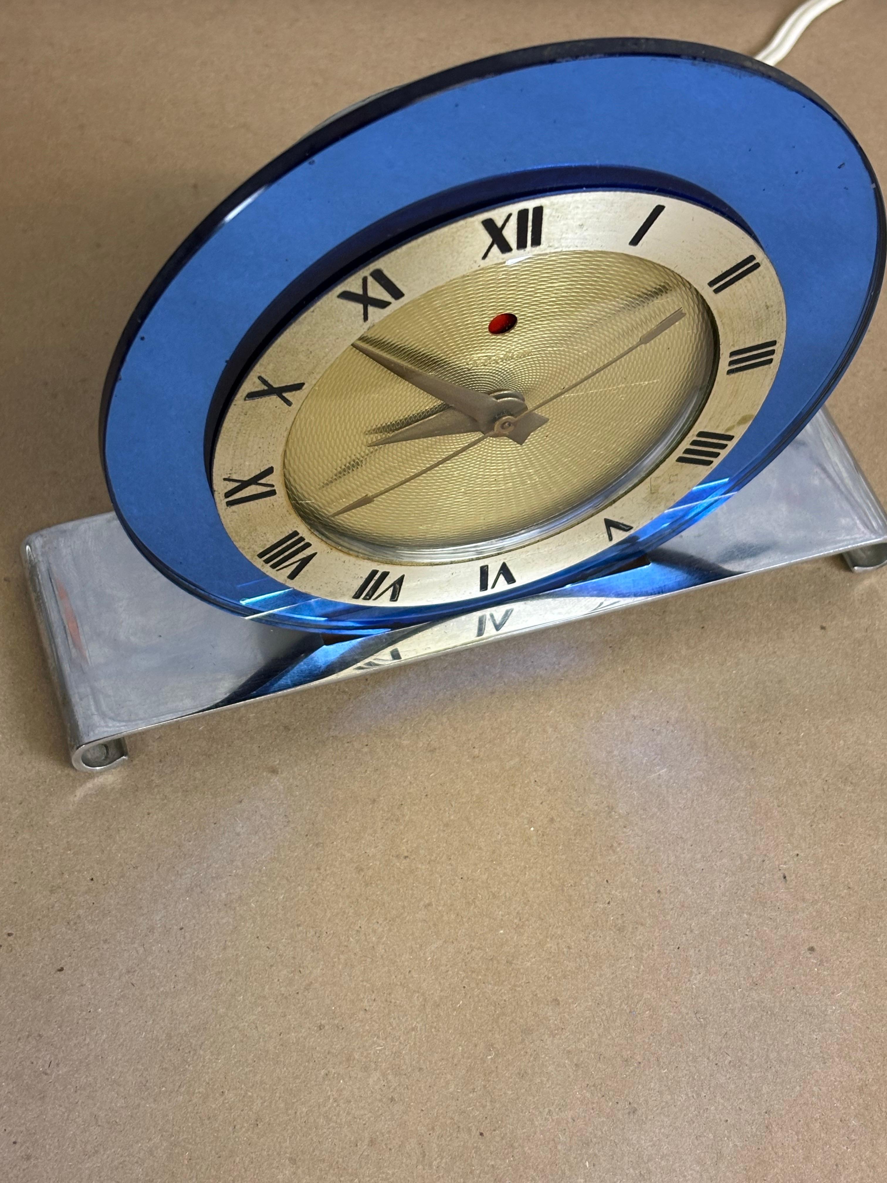Art Deco Blue Mirror Telechron Clock For Sale 1