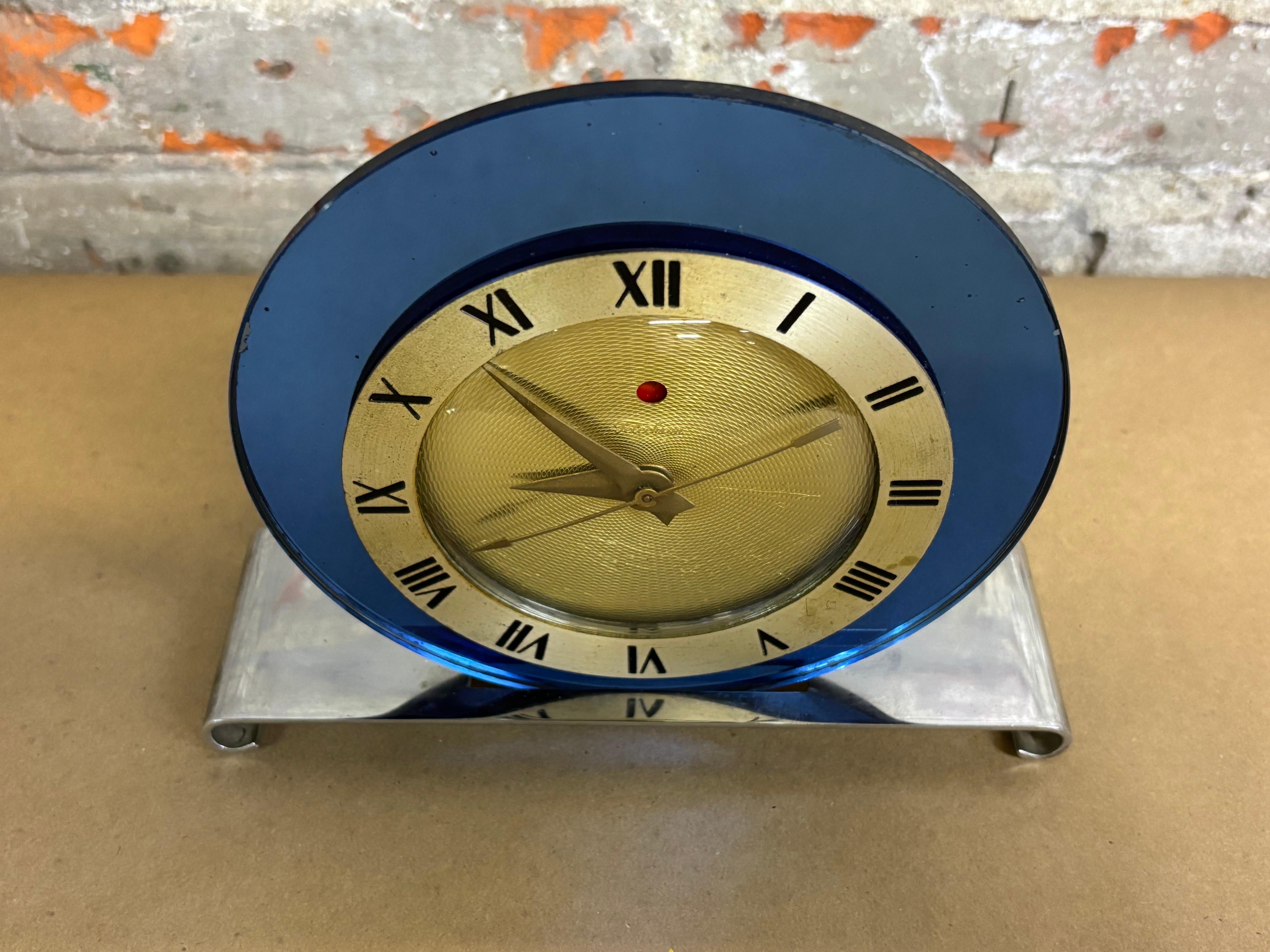 Art Deco Blue Mirror Telechron Clock For Sale 4