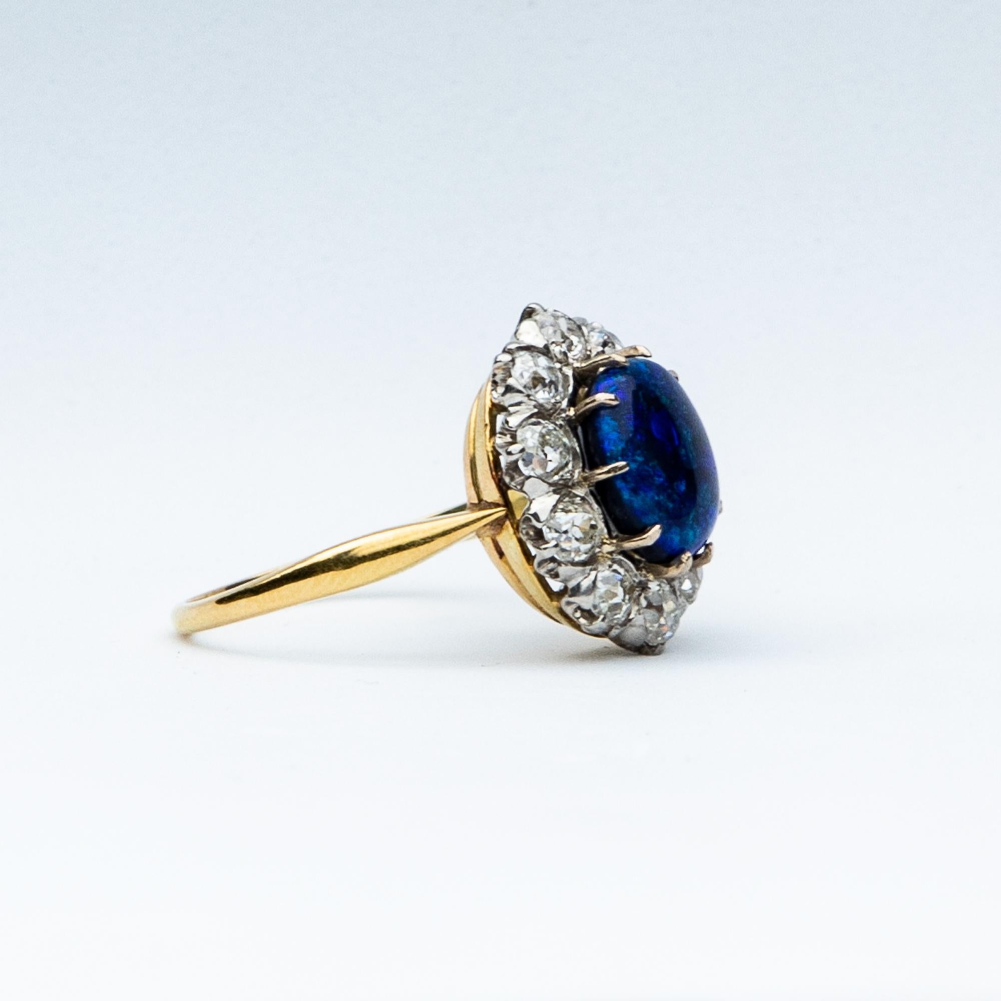 Cushion Cut Art Deco Blue Opal and Diamond Cluster Ring