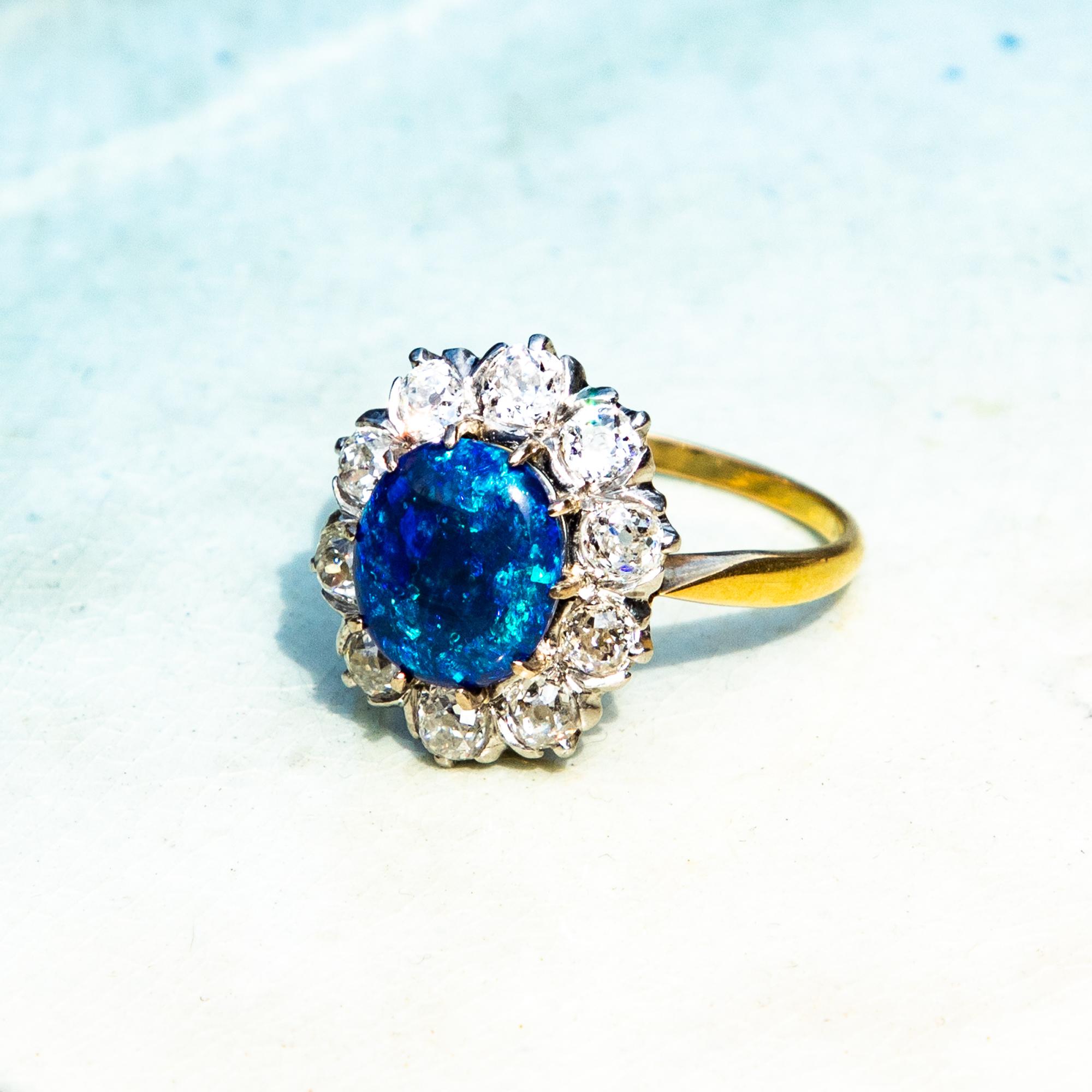 Women's Art Deco Blue Opal and Diamond Cluster Ring