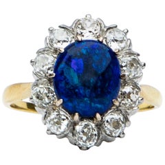 Antique Art Deco Blue Opal and Diamond Cluster Ring