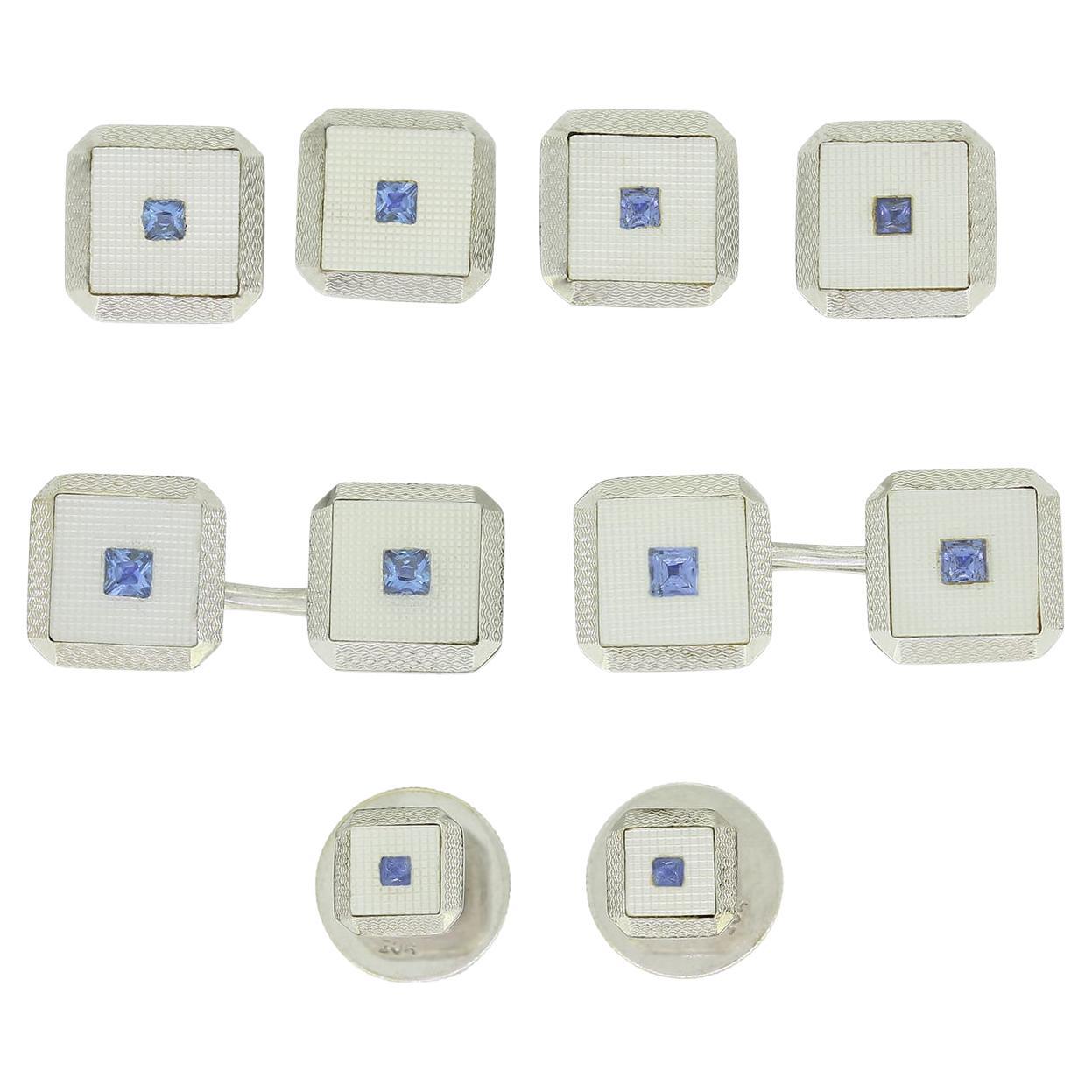 Art Deco Blue Paste Cufflinks Dress Stud Set