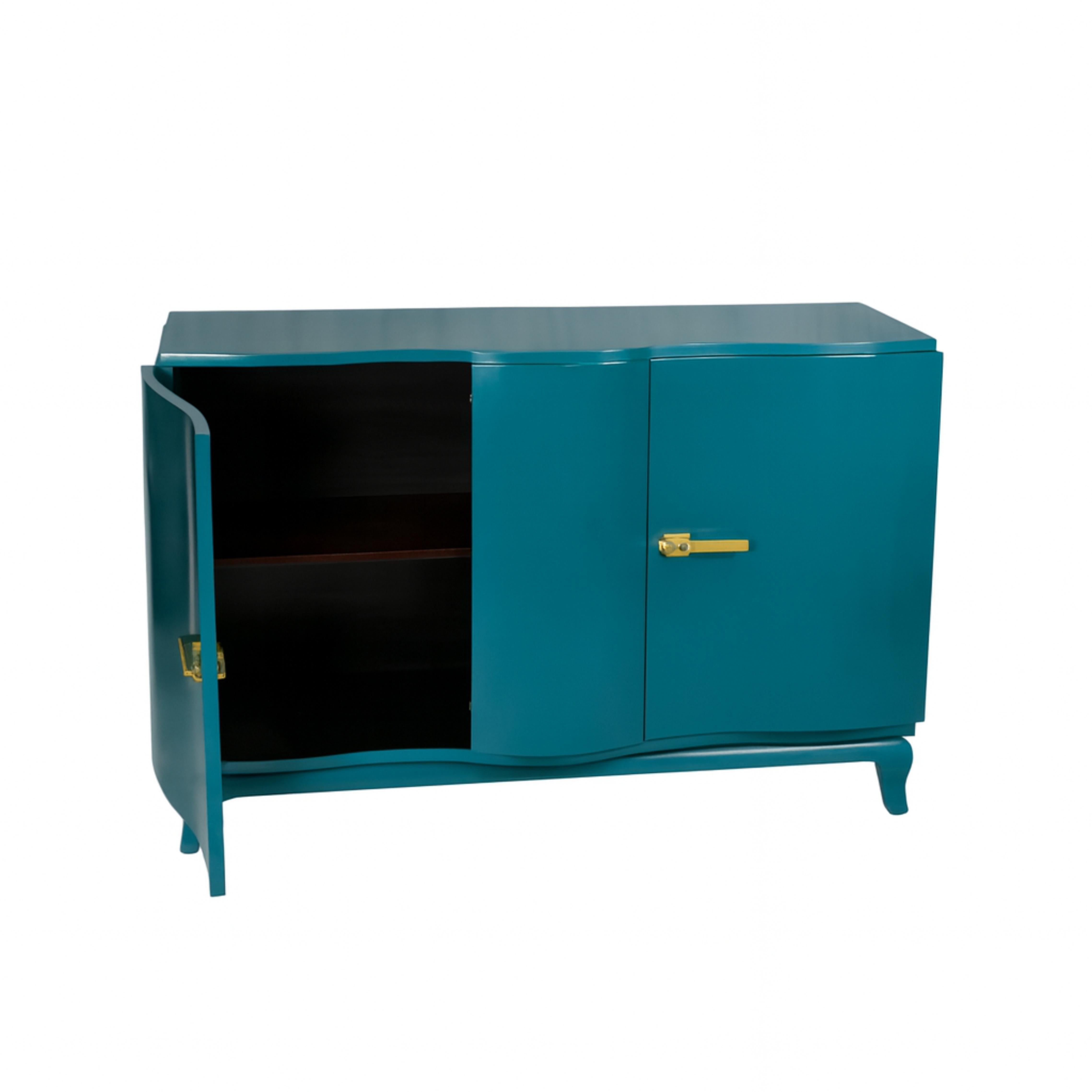 Ein Art Deco  Blaues Pfau Sideboard aus Nussbaumholz aus dem 20. Jahrhundert, hergestellt in Belgien.

Das Buffet steht auf vier ausgestellten Beinen und verfügt über zwei Türen mit Metallbeschlägen und bietet eine stilvolle Aufbewahrungslösung für