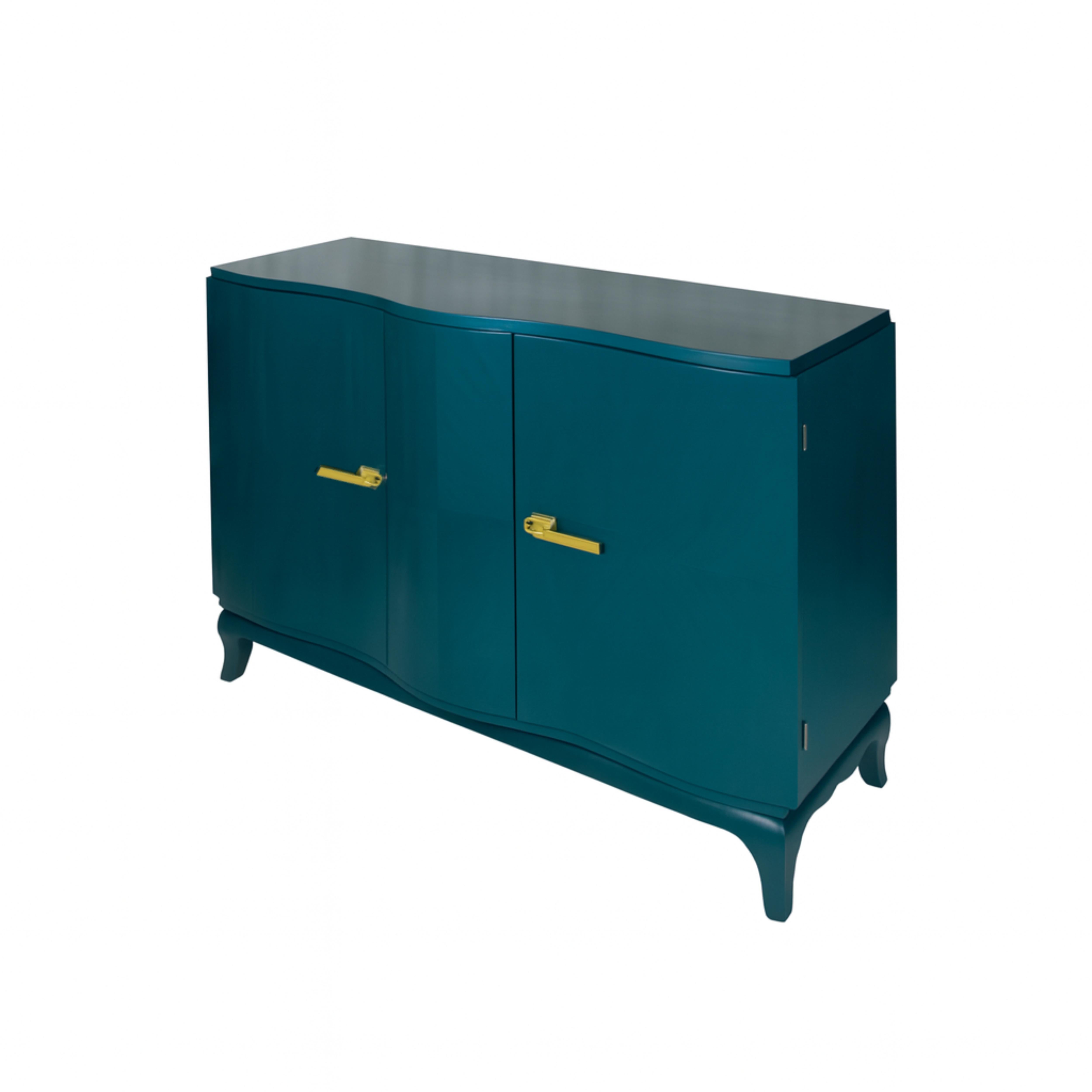 Art Deco  Blauer Pfau Streamline Nussbaum Kredenz Sideboard, 20. Jahrhundert (Messing) im Angebot