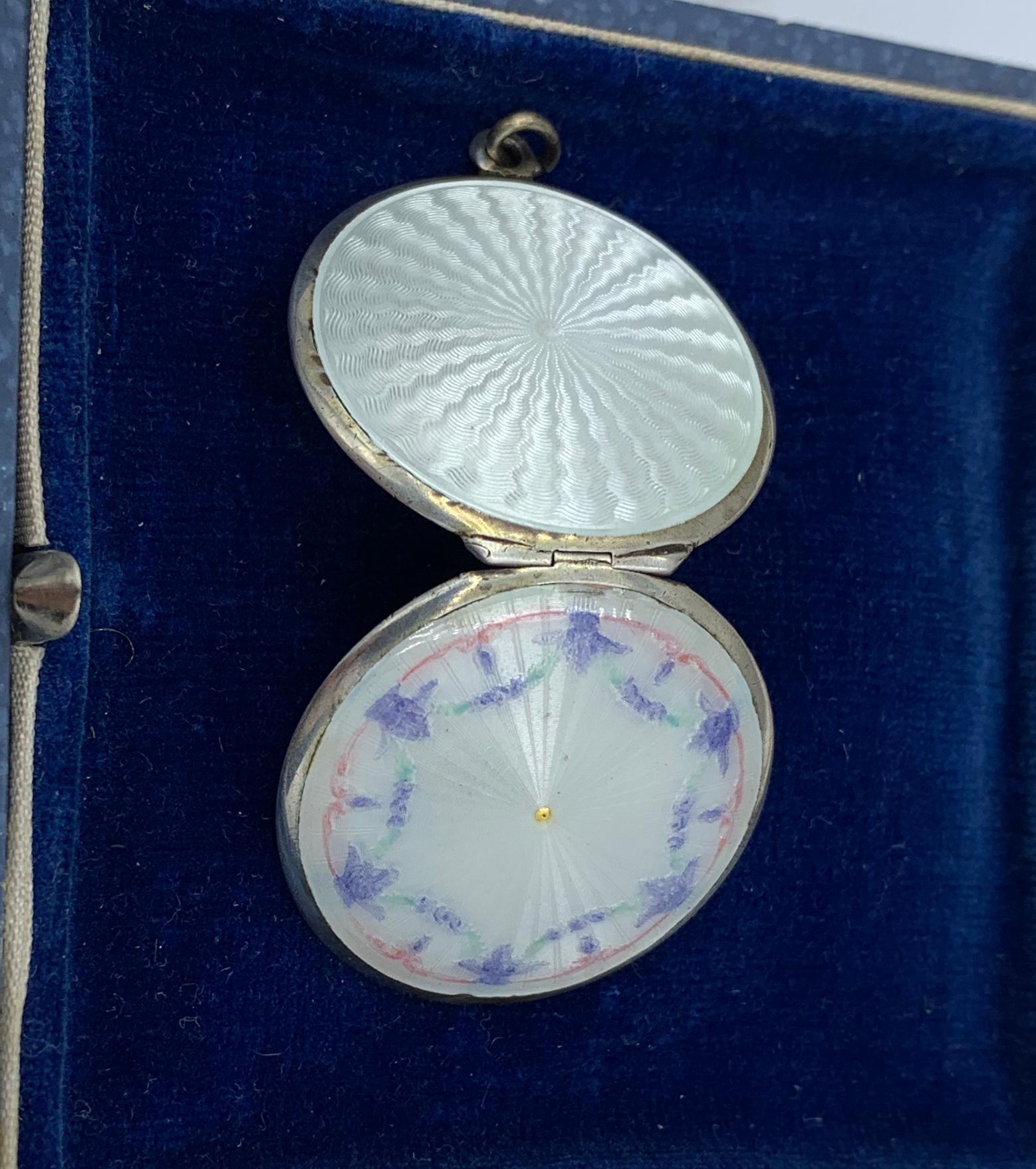 Art Deco Blue Pink Enamel Locket Pendant Sterling Silver Flower Garland 1