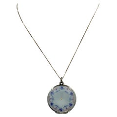 Art Deco Blue Pink Enamel Locket Pendant Sterling Silver Flower Garland