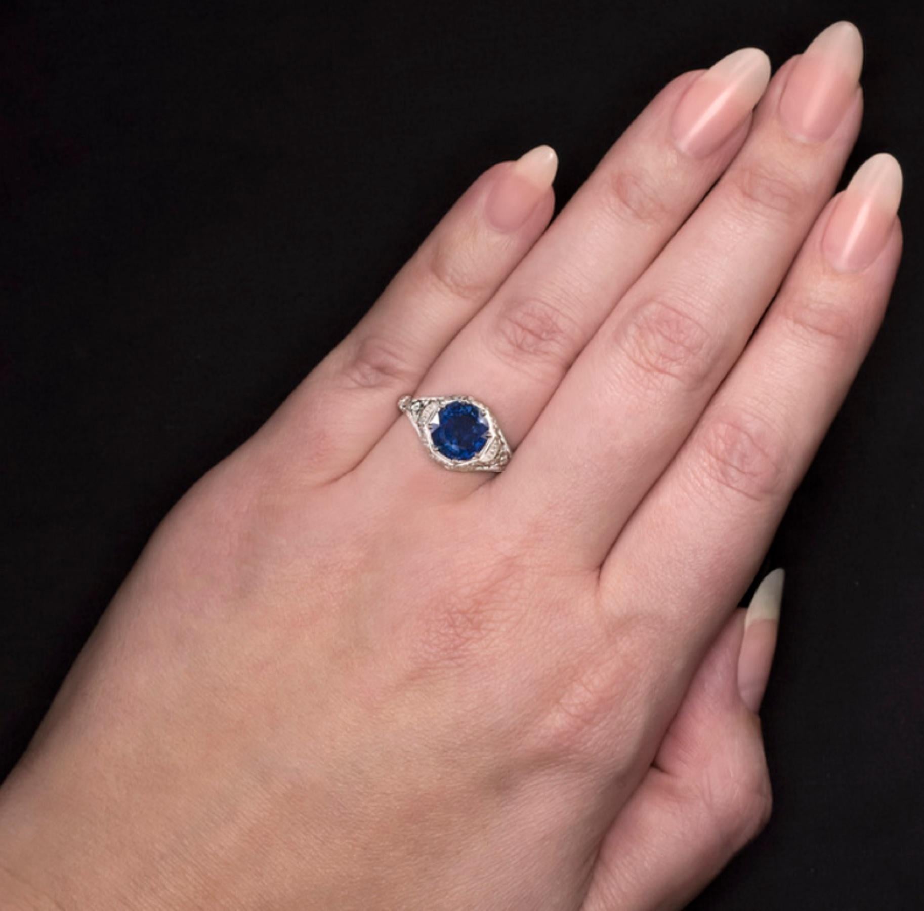 Round Cut Art Deco Style Blue Sapphire 2.38 Carat White Gold Ring
