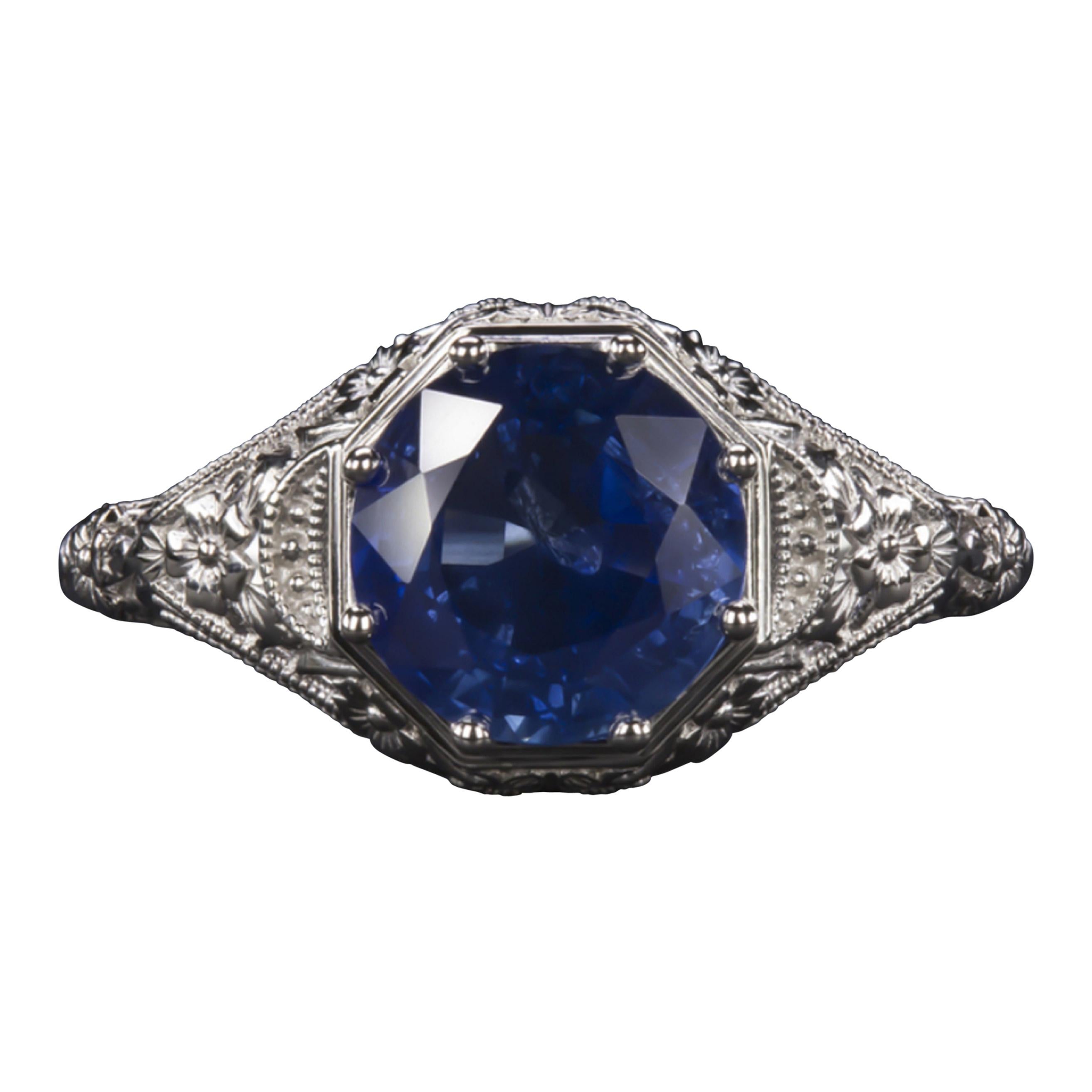 Art Deco Style Blue Sapphire 2.38 Carat White Gold Ring