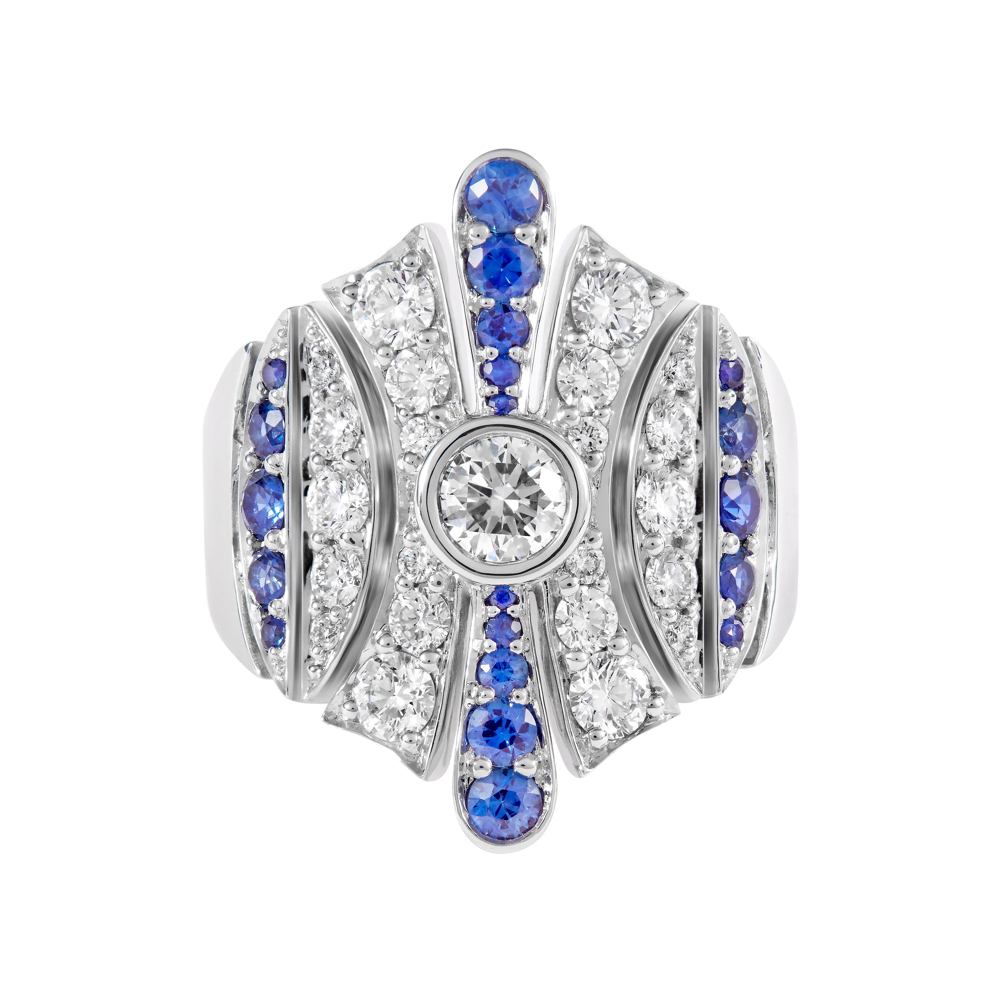 Art Deco Blue Sapphire and Diamond 18K White Gold Ring For Sale