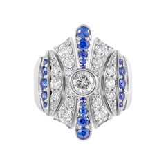 Art Deco Blue Sapphire and Diamond 18K White Gold Ring
