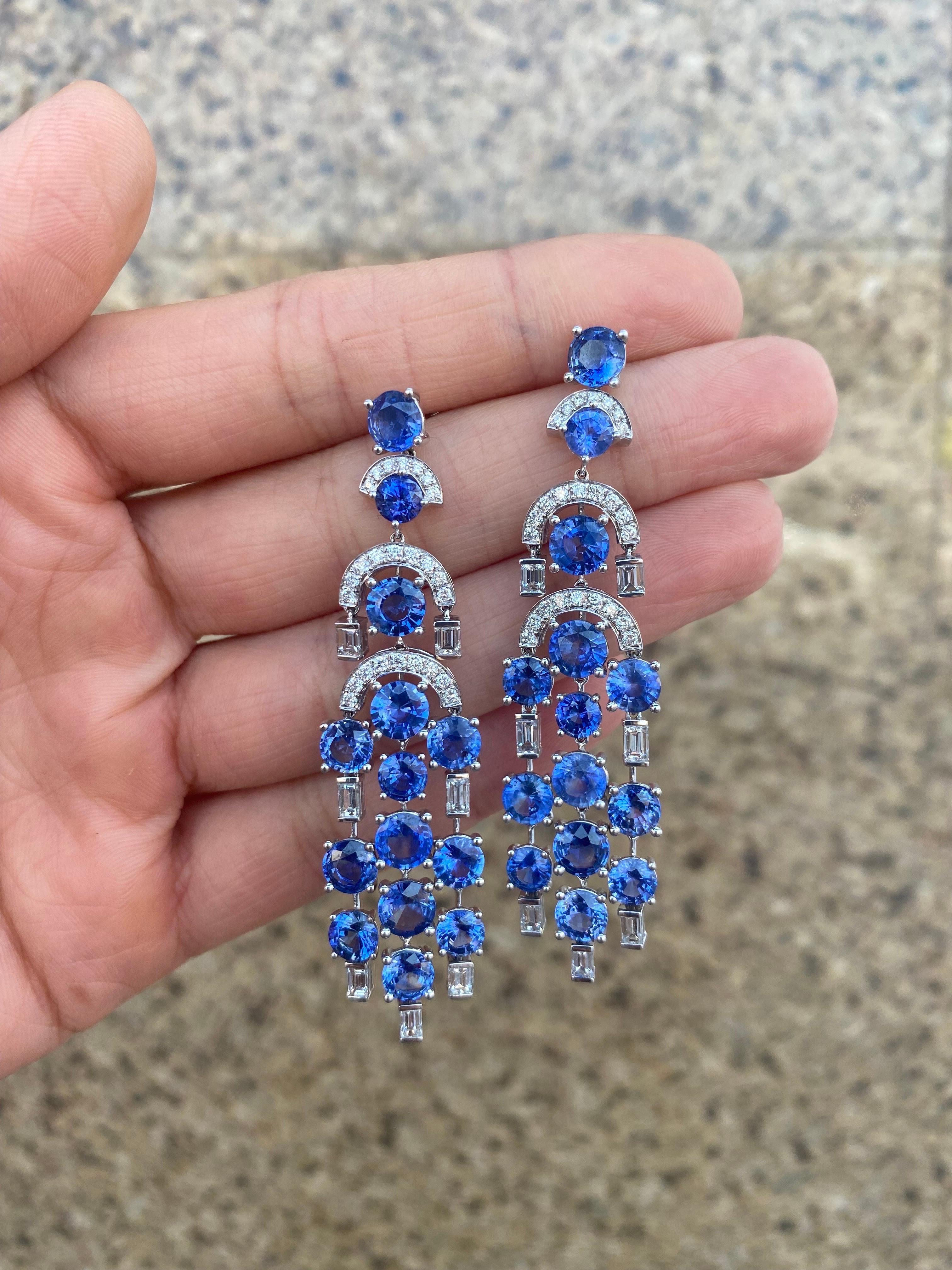 Art Deco Art-Deco Blue Sapphire and Diamond Chandelier Dangle Earrings