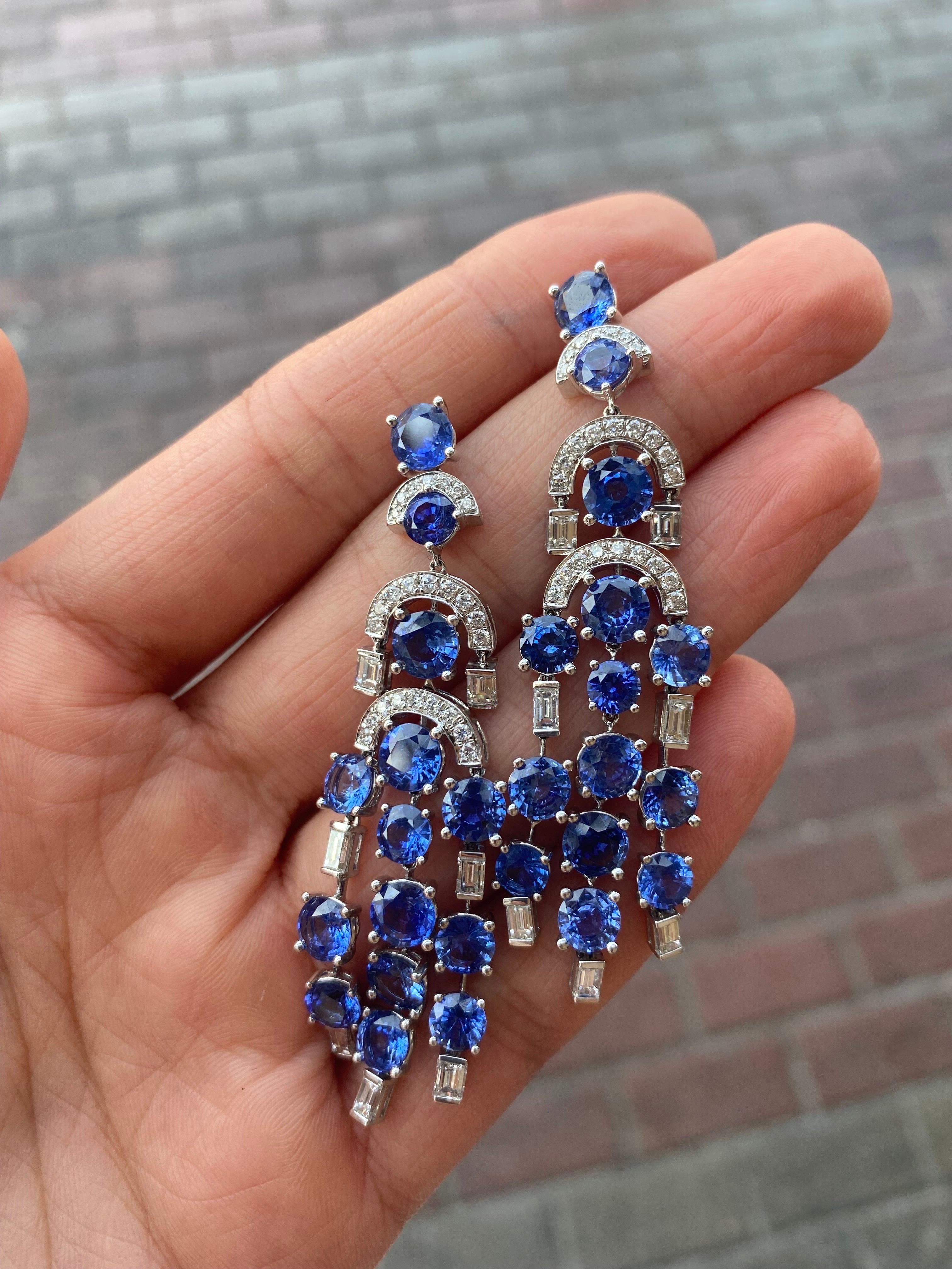 Round Cut Art-Deco Blue Sapphire and Diamond Chandelier Dangle Earrings
