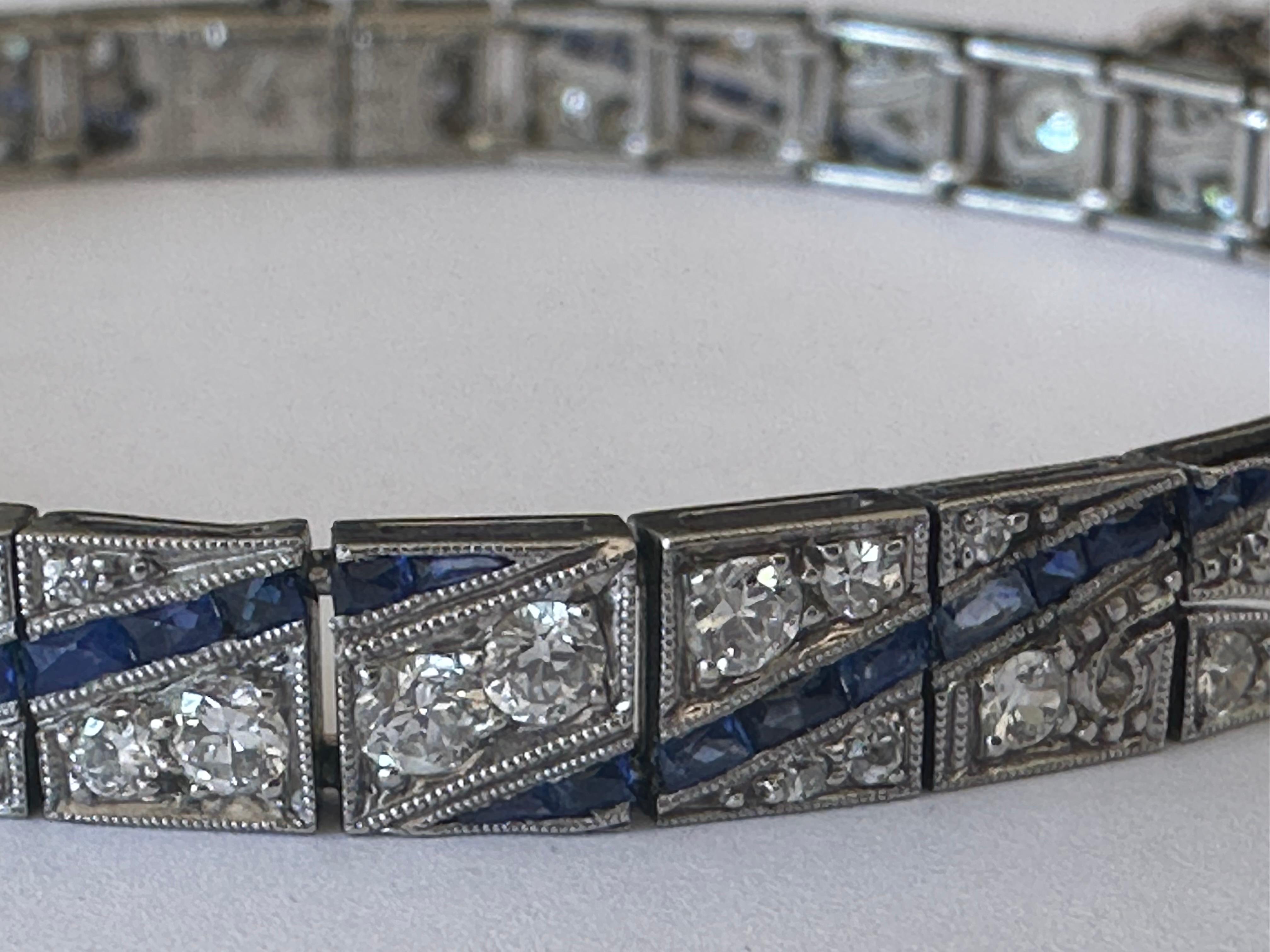 Mixed Cut Art Deco Blue Sapphire and Diamond Link Bracelet  For Sale