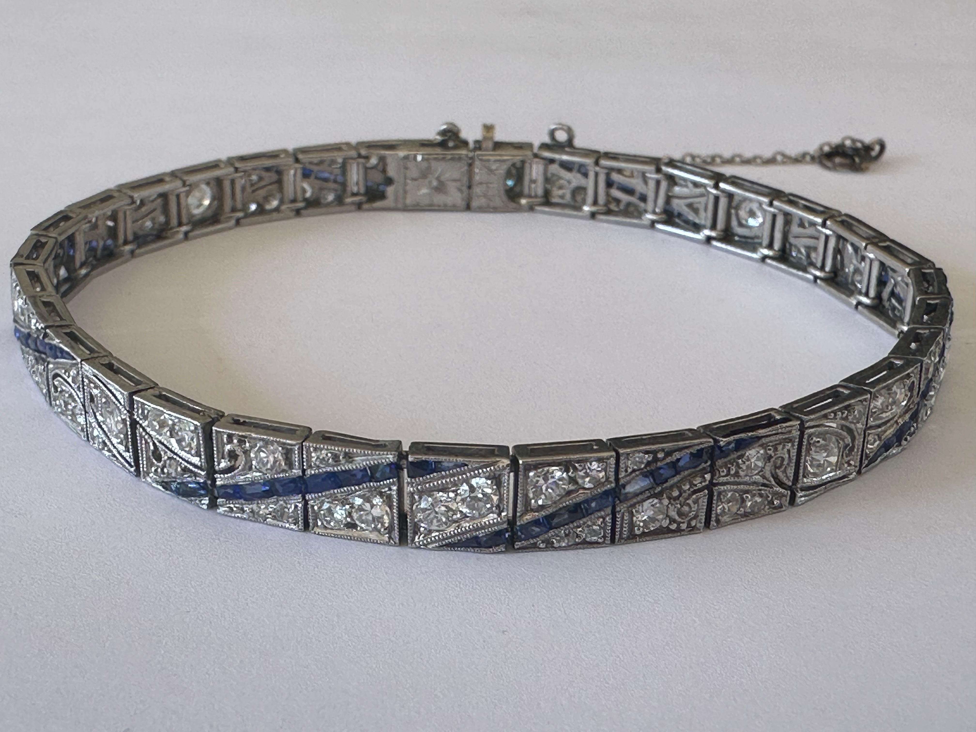 Women's Art Deco Blue Sapphire and Diamond Link Bracelet  For Sale