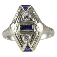 Art Deco Blue Sapphire and Diamond Navette Dinner Ring