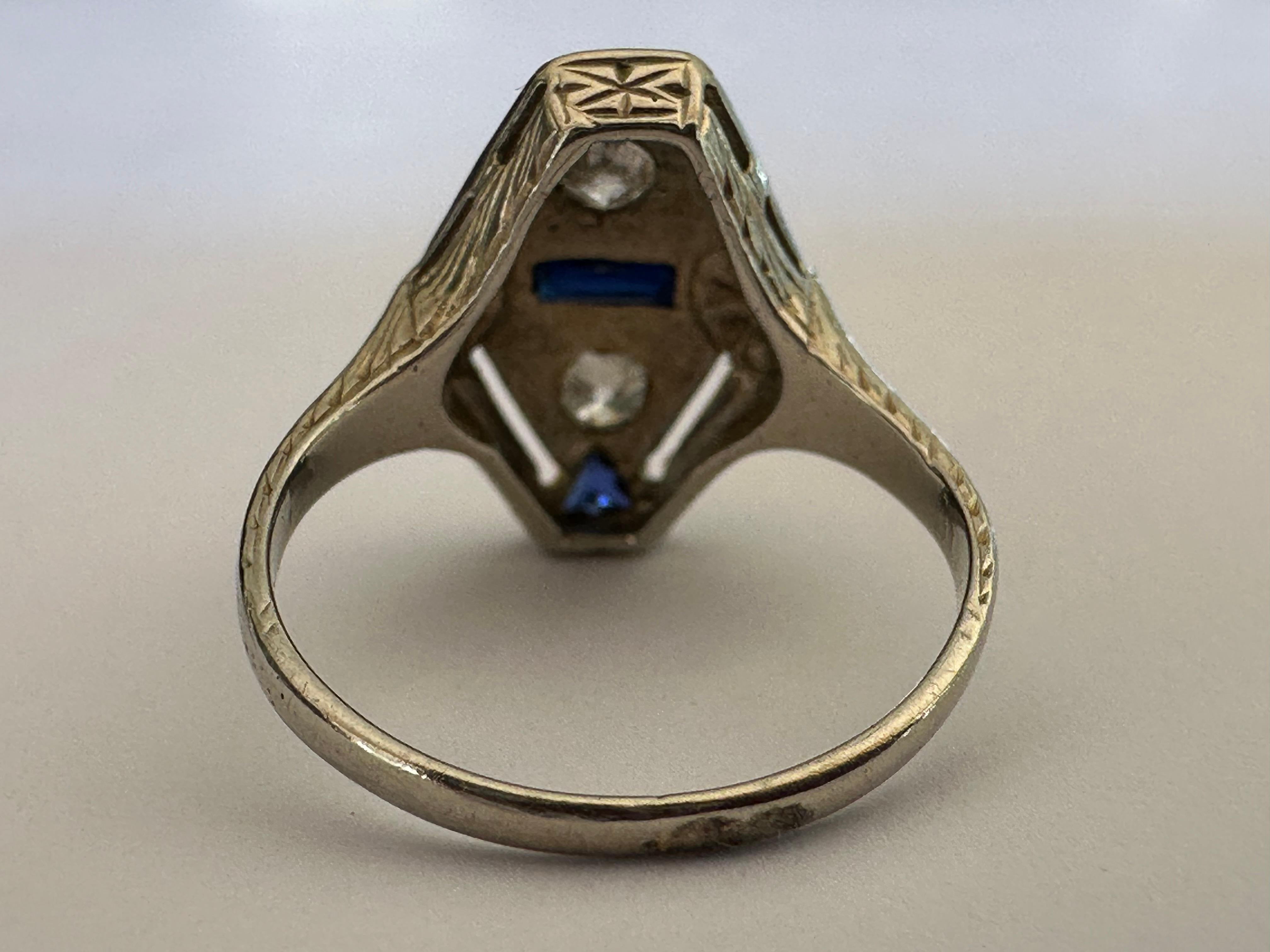 Art Deco Blue Sapphire and Diamond Navette Pinky Ring  In Good Condition For Sale In Denver, CO