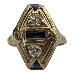 Art Deco Blue Sapphire and Diamond Navette Pinky Ring