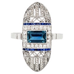 Art Deco Blue Sapphire and Diamond Open Work Cocktail Ring in Platinum, c.1920s