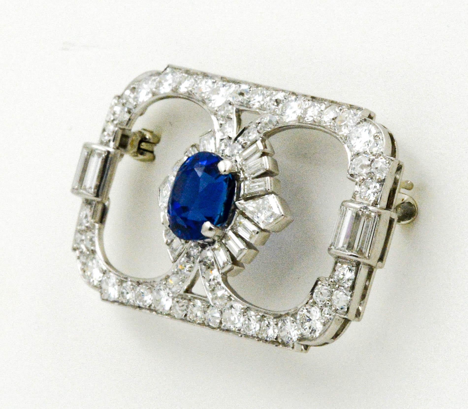 Round Cut Art Deco Blue Sapphire and Diamond Platinum Brooch