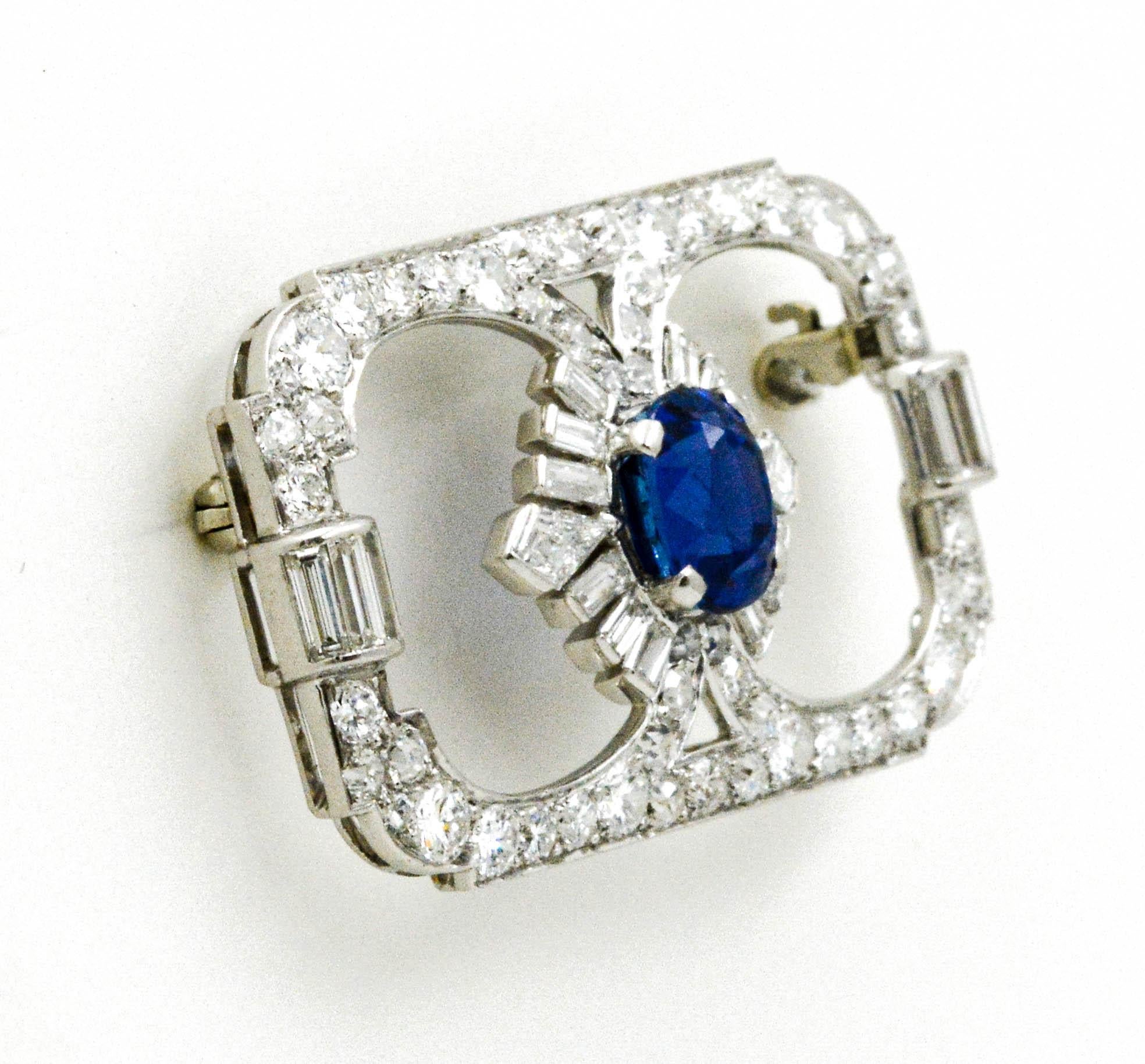 Art Deco Blue Sapphire and Diamond Platinum Brooch In Excellent Condition In Dallas, TX