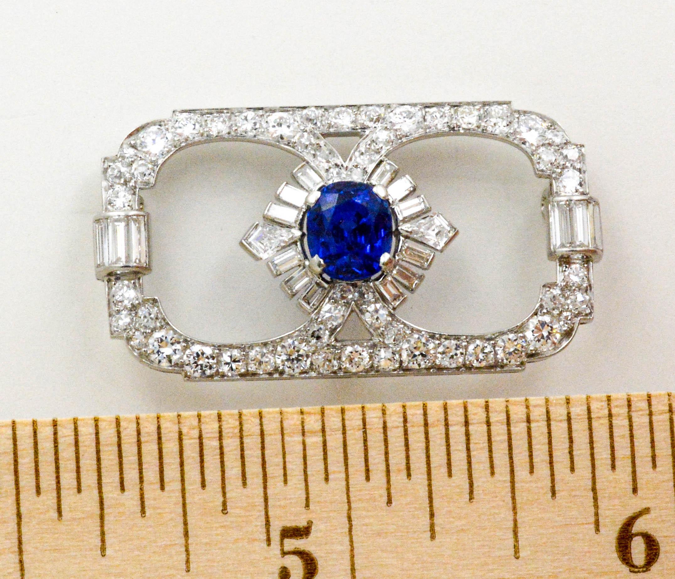 Women's Art Deco Blue Sapphire and Diamond Platinum Brooch