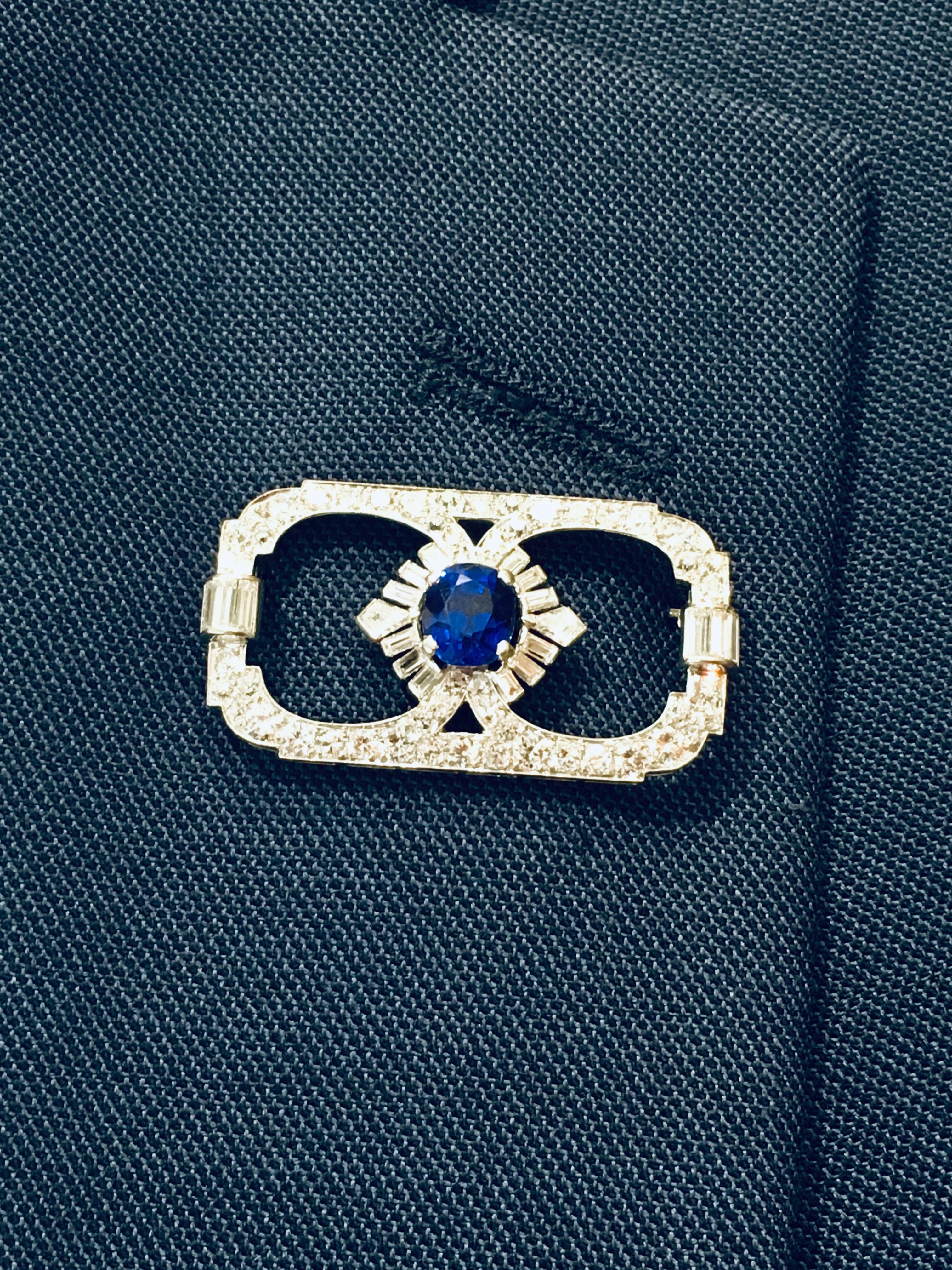 Art Deco Blue Sapphire and Diamond Platinum Brooch 1