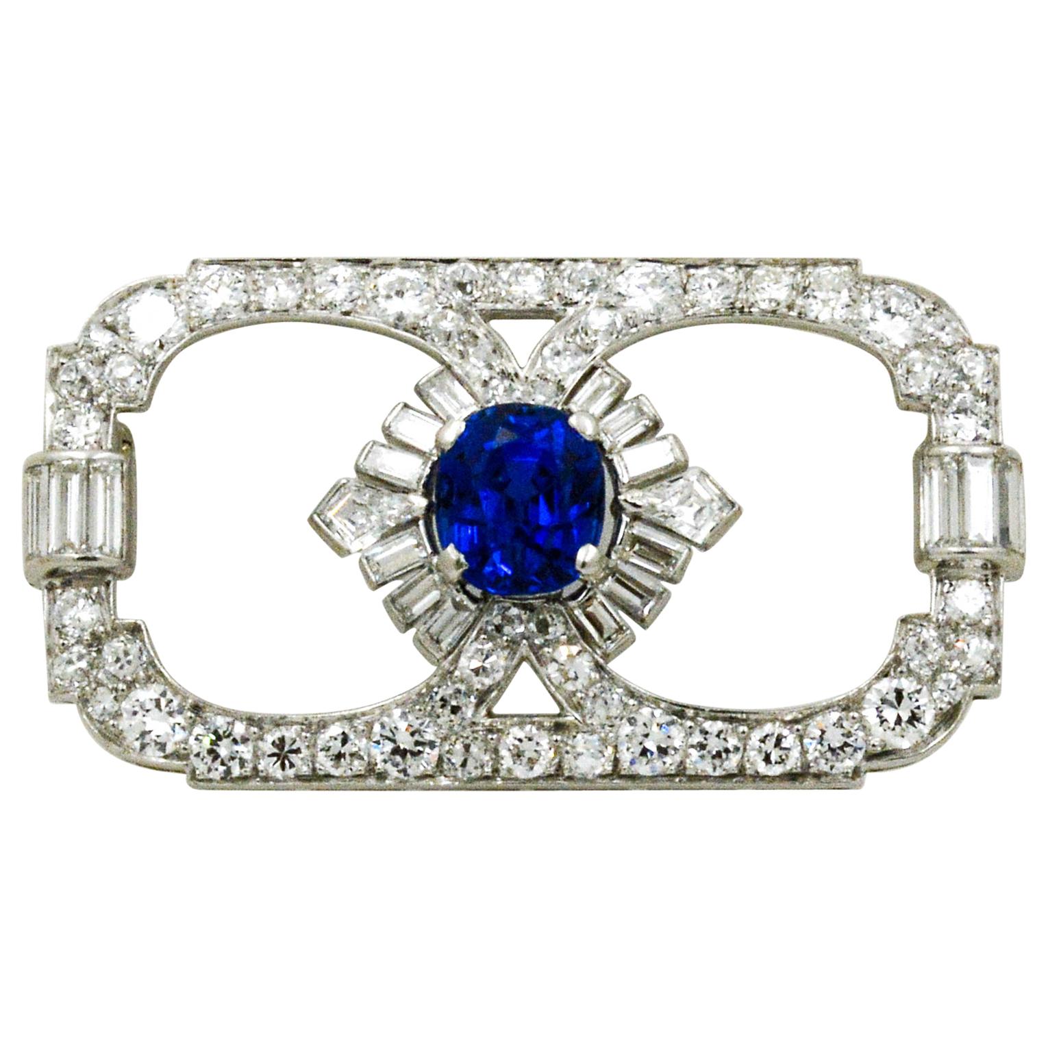 Art Deco Blue Sapphire and Diamond Platinum Brooch