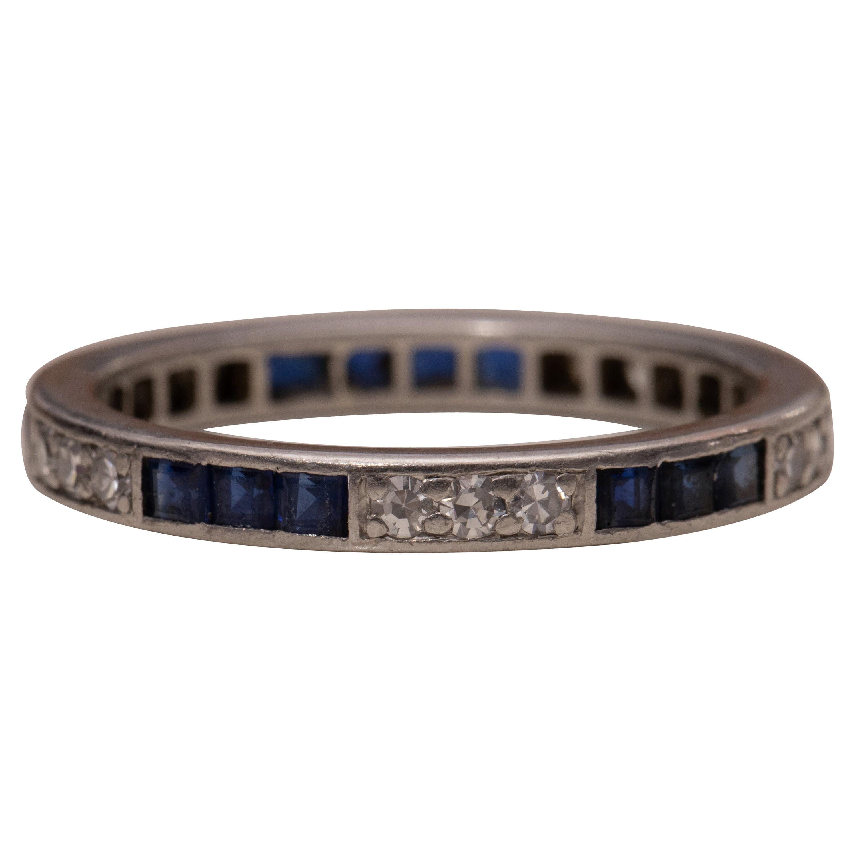Art Deco Blue Sapphire and Diamond Platinum Eternity Band Wedding Stackable Ring