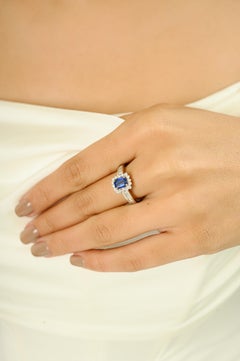 Art Deco Blue Sapphire and Diamonds 14K White Gold Engagement Ring Fine Jewelry