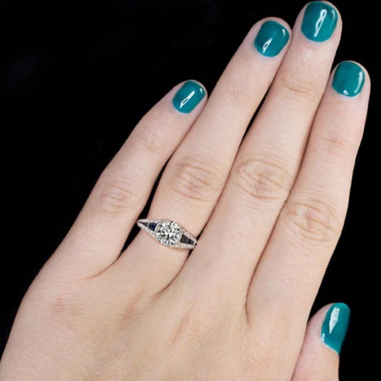 Old European Cut Art Deco Blue Sapphire Carre Old European Diamond Ring  For Sale
