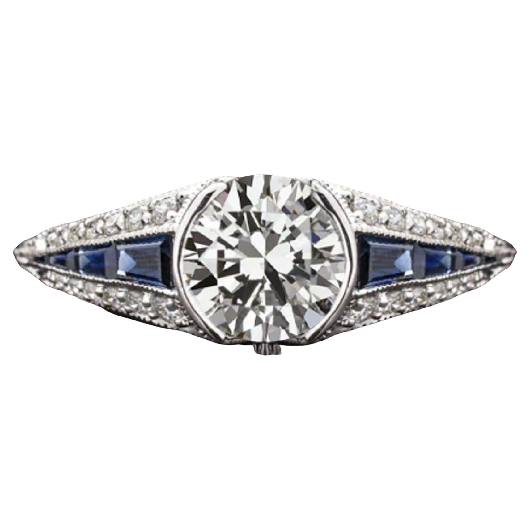 Art Deco Blue Sapphire Carre Old European Diamond Ring 