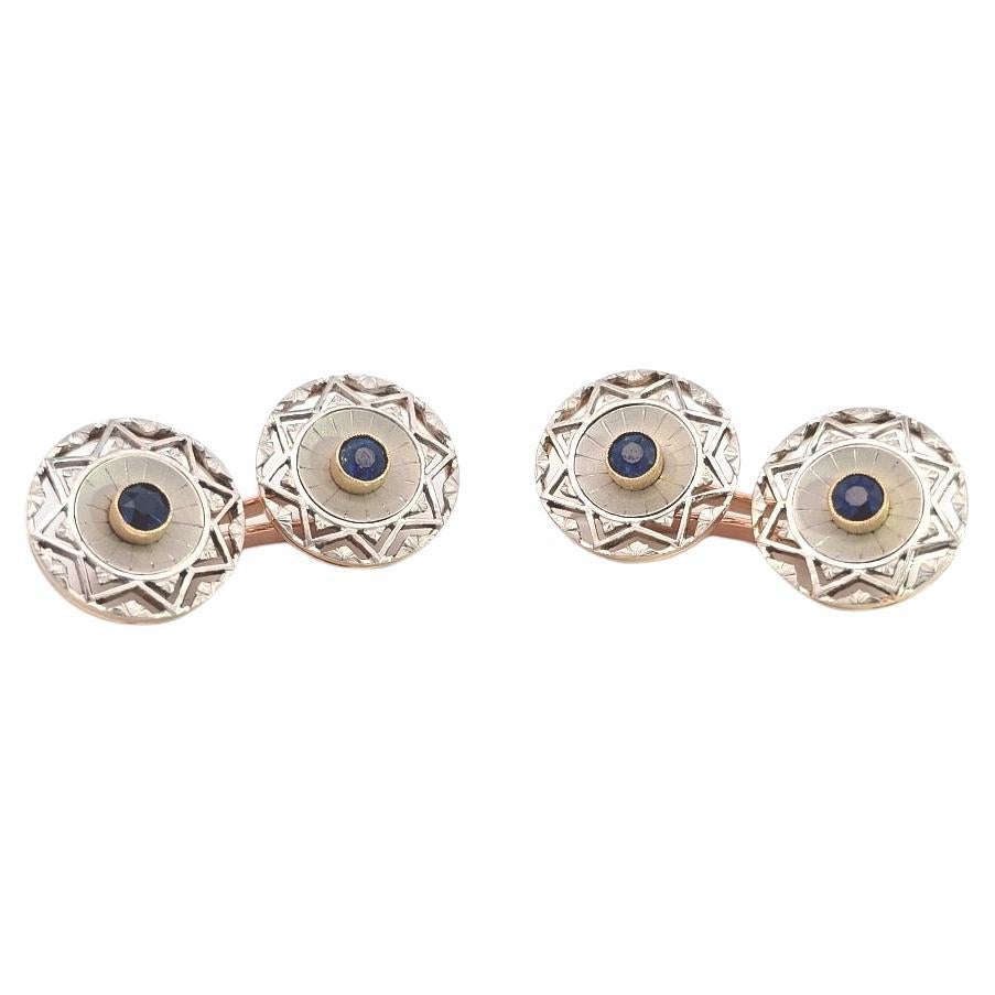 Art Deco Manschettenknöpfe mit blauem Saphir aus 18 Karat Gold und Platin