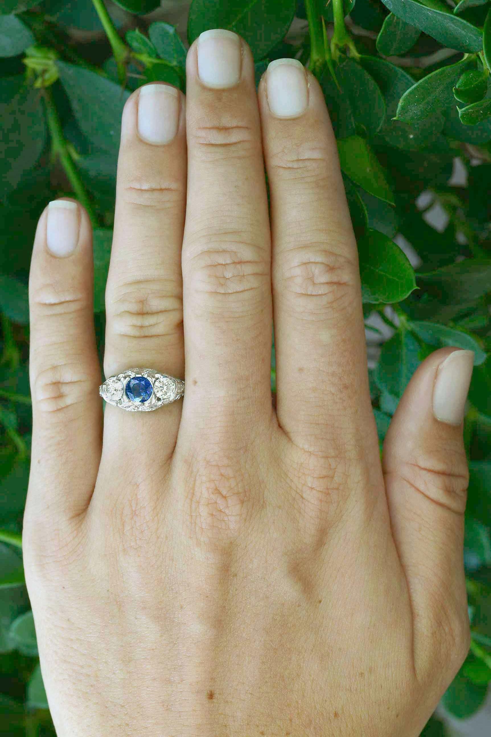 The 2 chunky old diamonds in this vintage Art Deco heirloom sparkle with a unique personality. We love how these antique, dazzling hand cut diamonds sit harmoniously on either side of a velvety, vibrant blue sapphire gemstone.
Why you'll love it:
