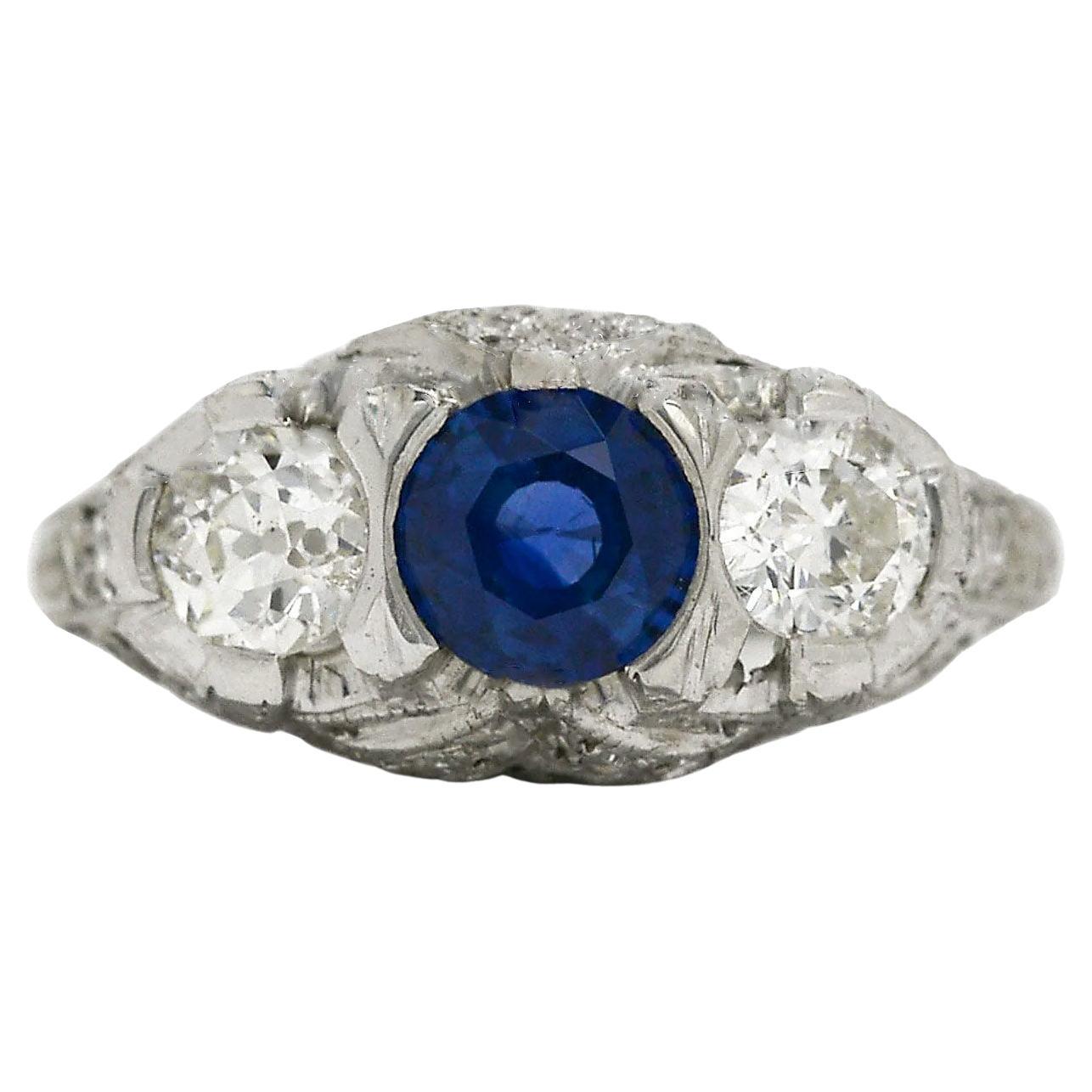 Art Deco Blue Sapphire Diamond Antique Platinum 3-Stone Trinity Engagement Ring