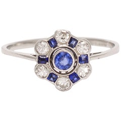 Art Deco Blue Sapphire Diamond Cluster Ring
