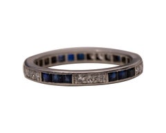 Art Deco Blue Sapphire and Diamond Platinum Eternity Band Wedding Stackable Ring