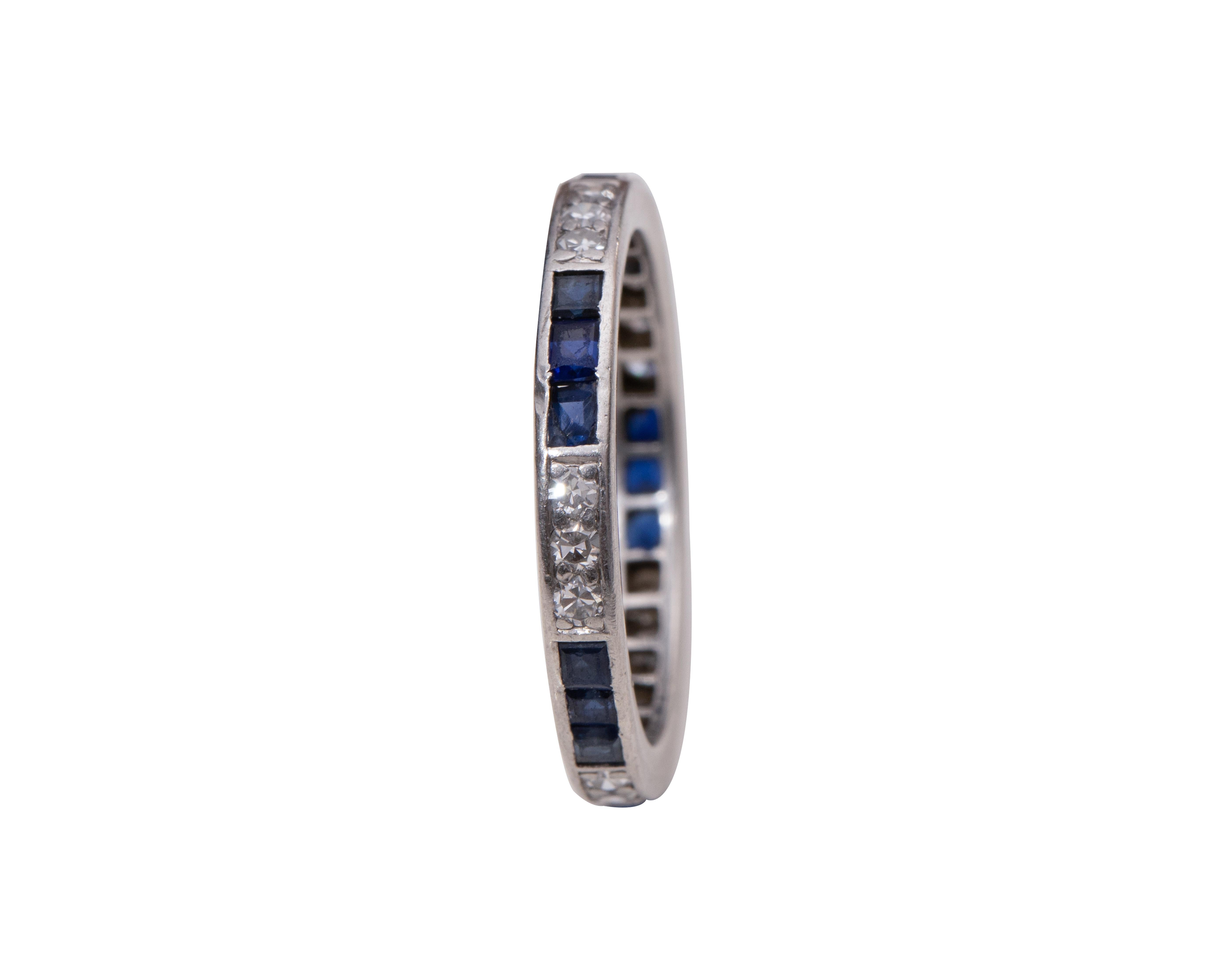 Princess Cut Art Deco Blue Sapphire and Diamond Platinum Eternity Band Wedding Stackable Ring
