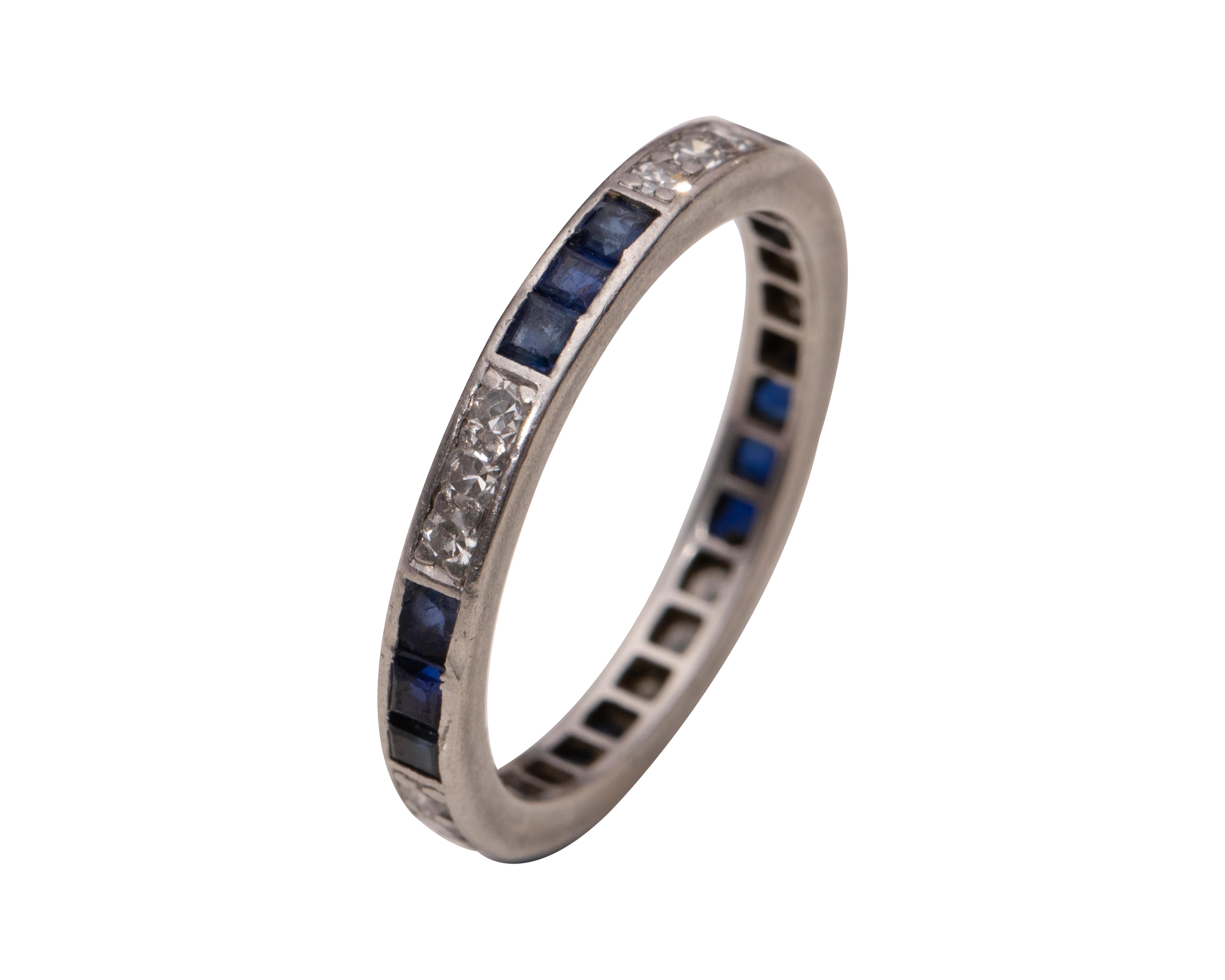 Art Deco Blue Sapphire and Diamond Platinum Eternity Band Wedding Stackable Ring In Fair Condition In Addison, TX