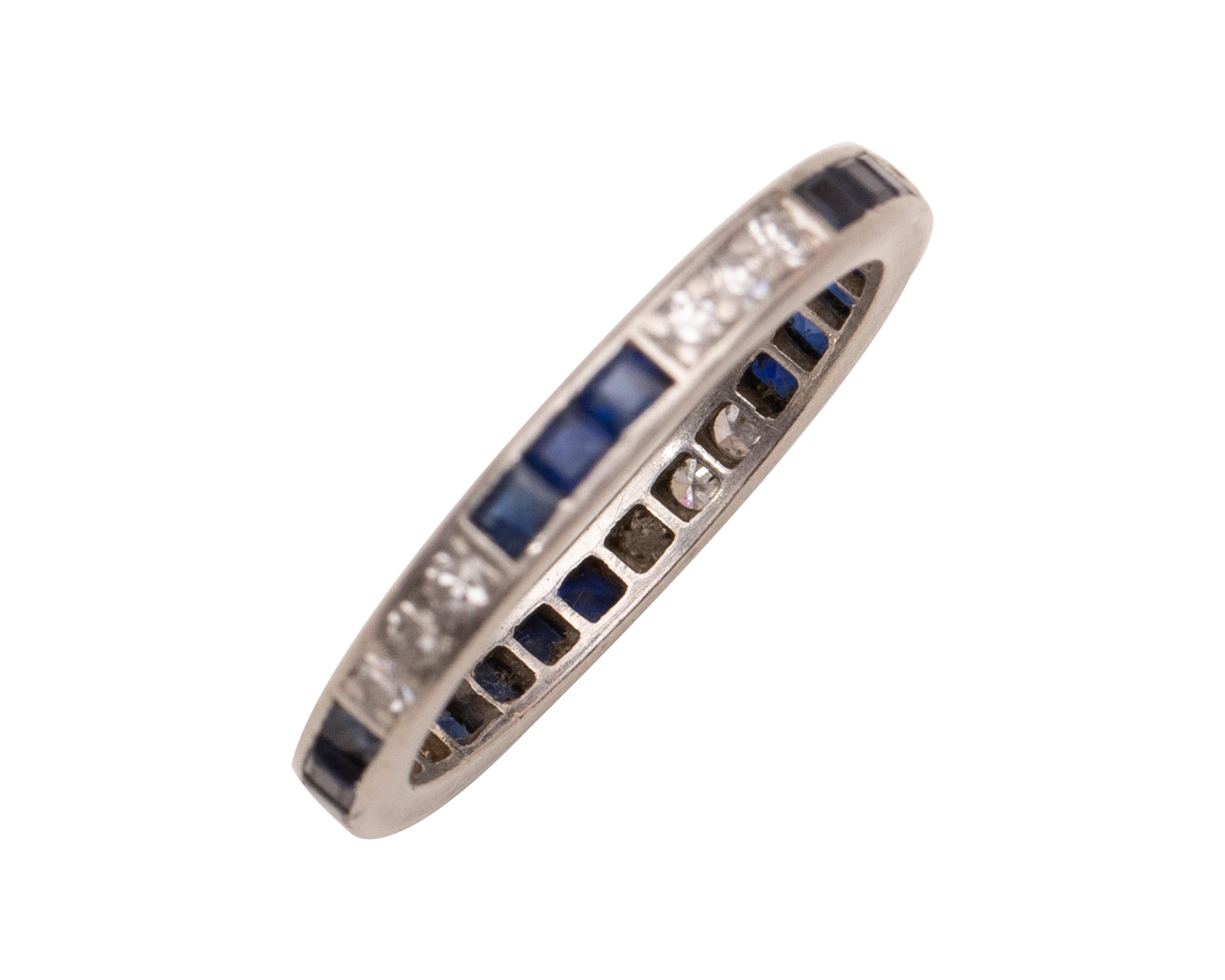 Women's or Men's Art Deco Blue Sapphire and Diamond Platinum Eternity Band Wedding Stackable Ring