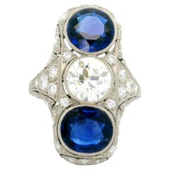 Art Deco Blue Sapphire Diamond Platinum Navette Ring