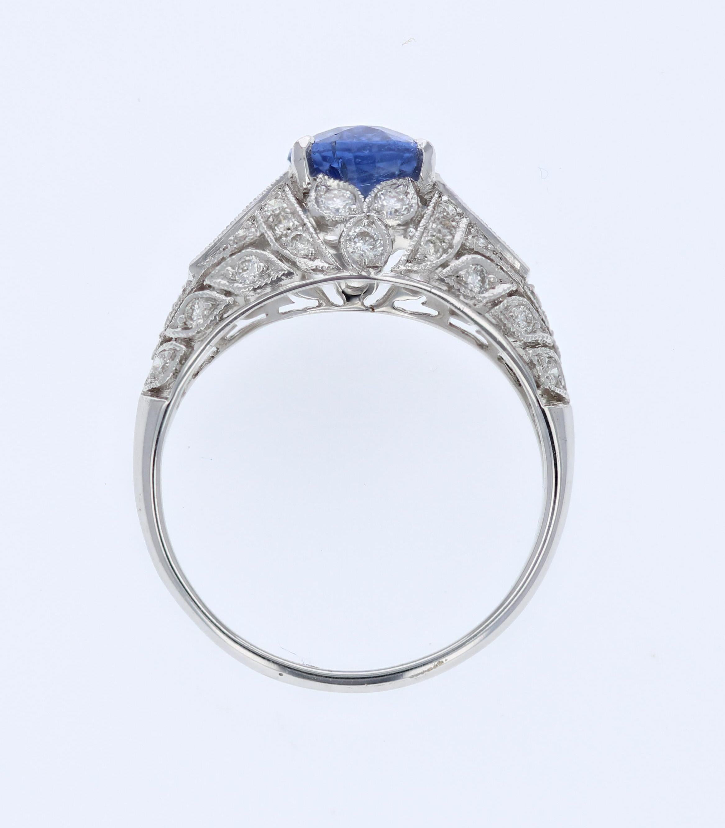Oval Cut Art Deco Style Blue Sapphire and Diamond Ring For Sale
