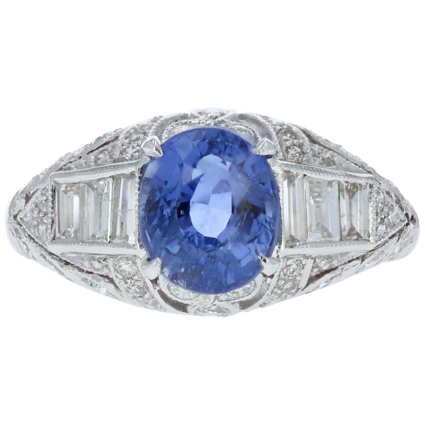 Art Deco Style Blue Sapphire and Diamond Ring For Sale